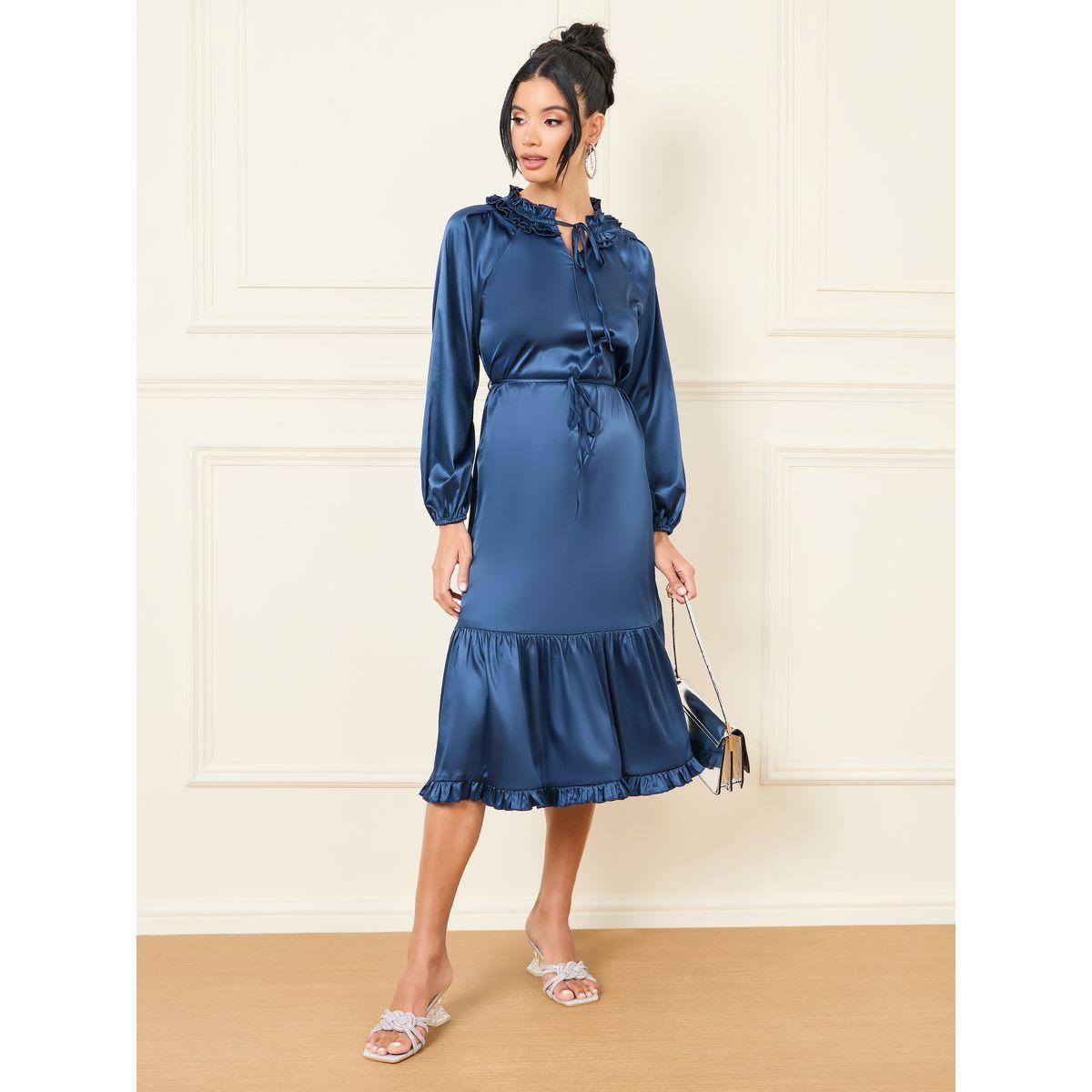 Styli Satin Ruffled Detail Tie Up Neck A-Line Midi Dress-women-clothing-dresses-image-2
