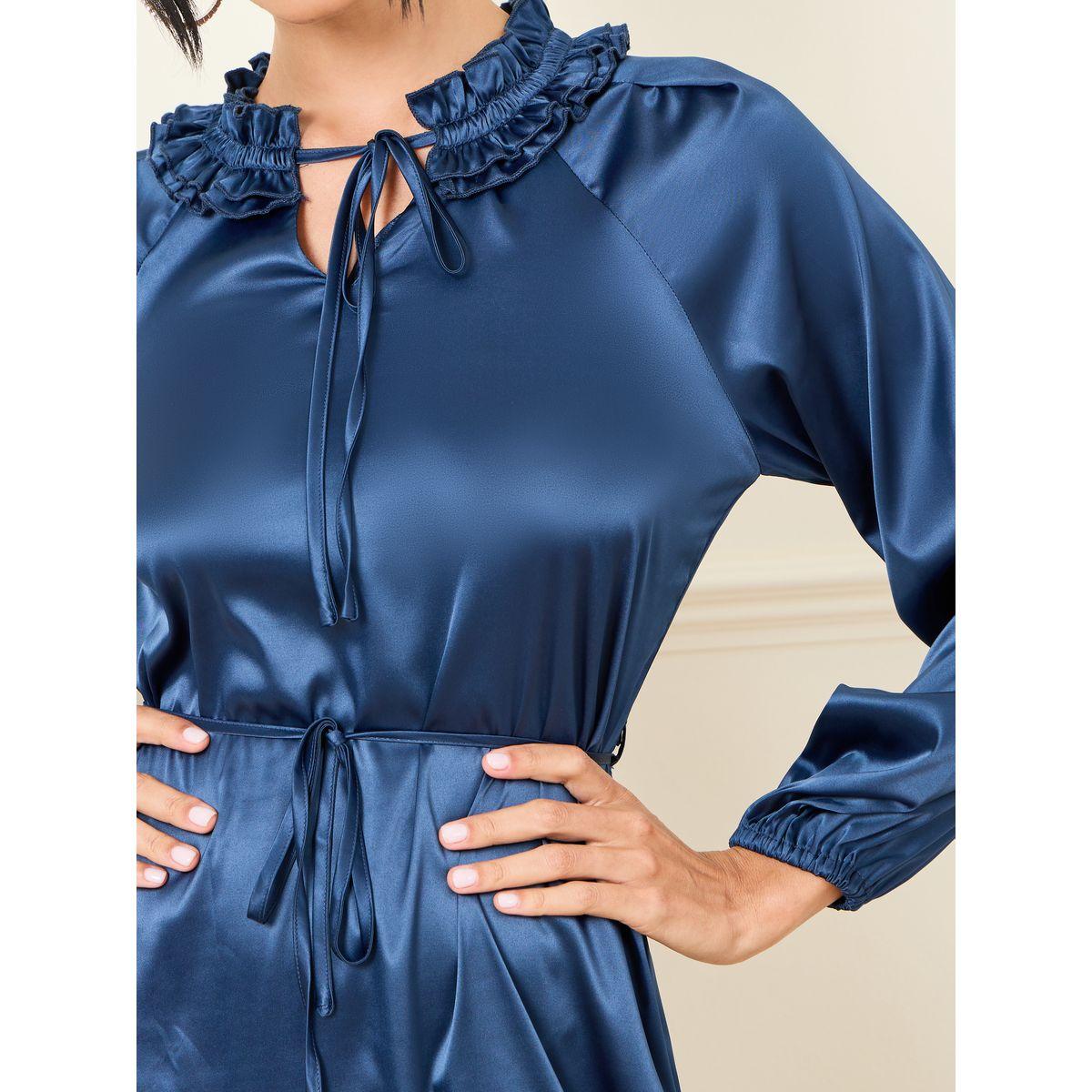 Styli Satin Ruffled Detail Tie Up Neck A-Line Midi Dress-women-clothing-dresses-image-3