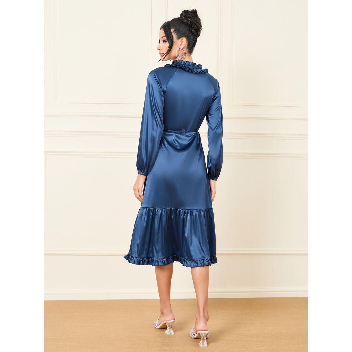 Styli Satin Ruffled Detail Tie Up Neck A-Line Midi Dress-women-clothing-dresses-image-4