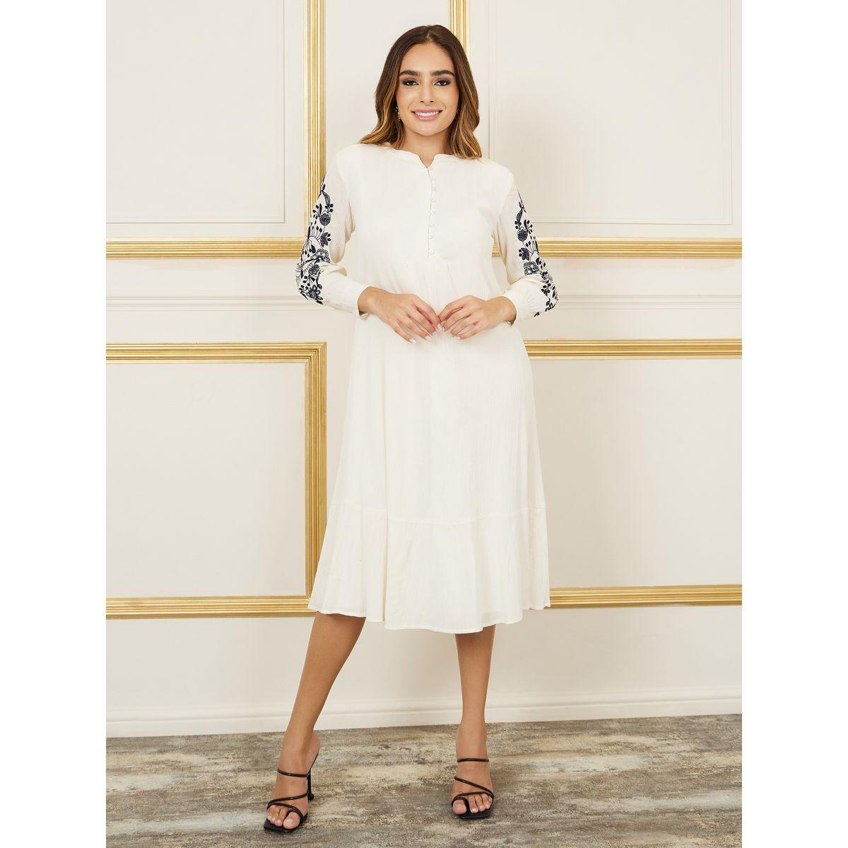 Styli Thread Embroidered Button Closure Shift Midi Dress-women-clothing-dresses-image-1