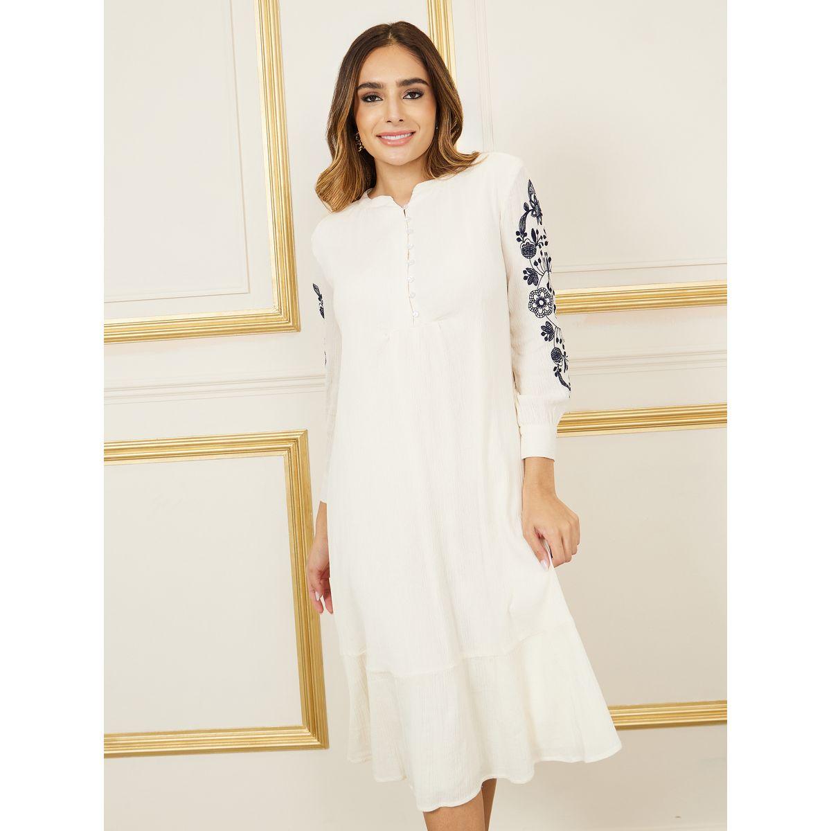 Styli Thread Embroidered Button Closure Shift Midi Dress-women-clothing-dresses-image-2