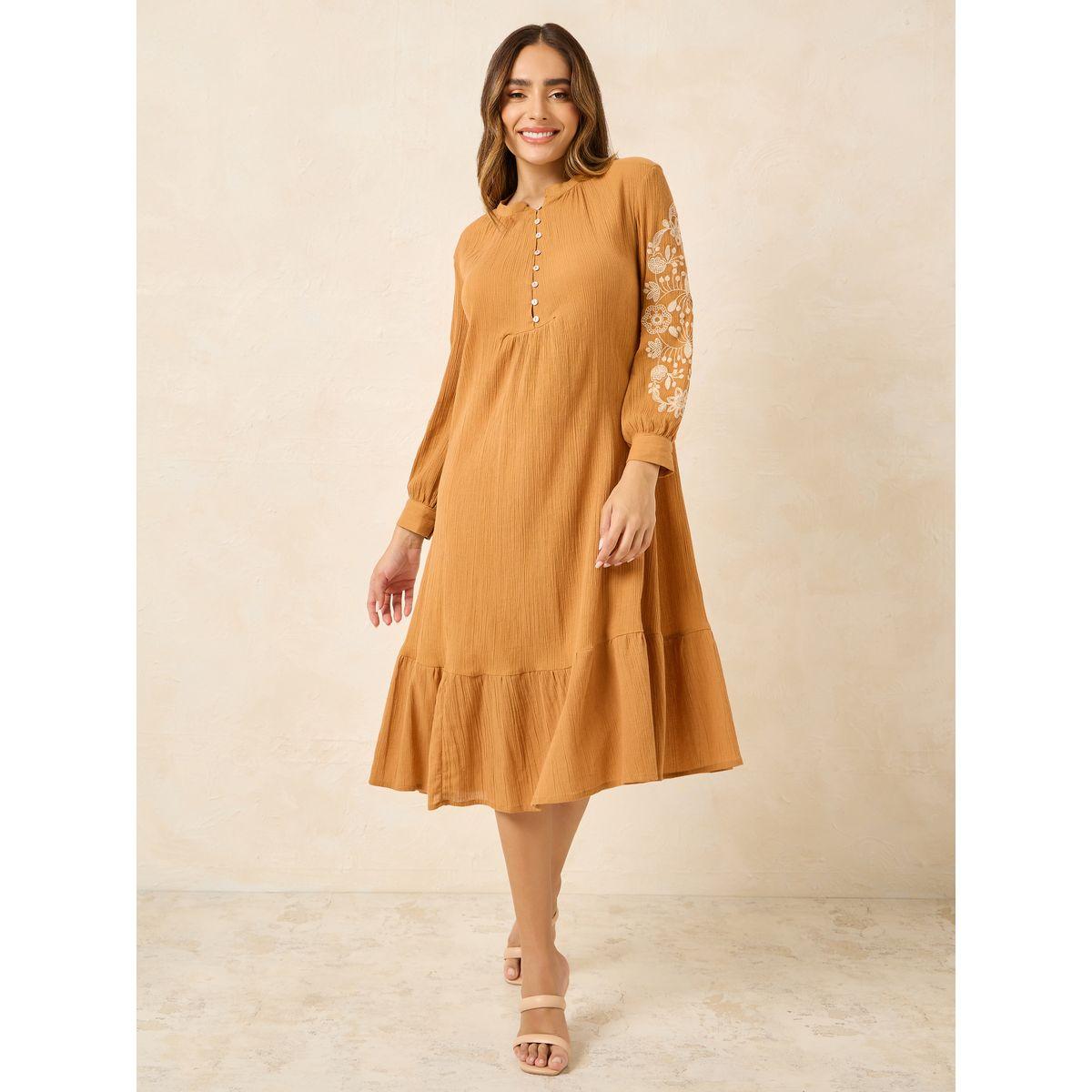 Styli Embroidered Sleeves Mandarin Collar Shift Midi Dress-women-clothing-dresses-image-1