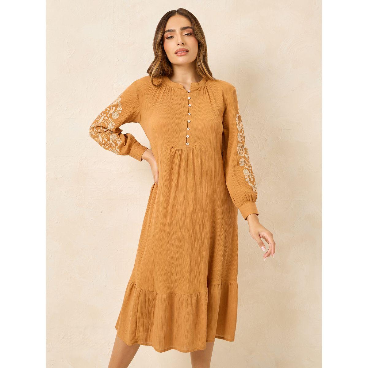 فستان ميدي بياقة ماندارين واكمام مُطرّزة-women-clothing-dresses-image-2