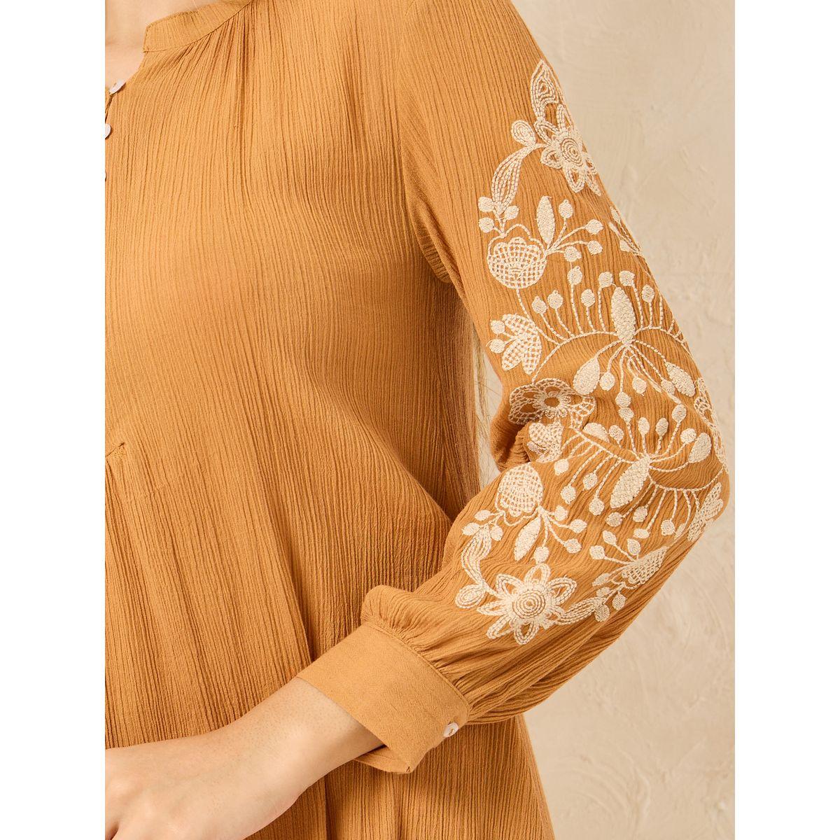 Styli Embroidered Sleeves Mandarin Collar Shift Midi Dress-women-clothing-dresses-image-3