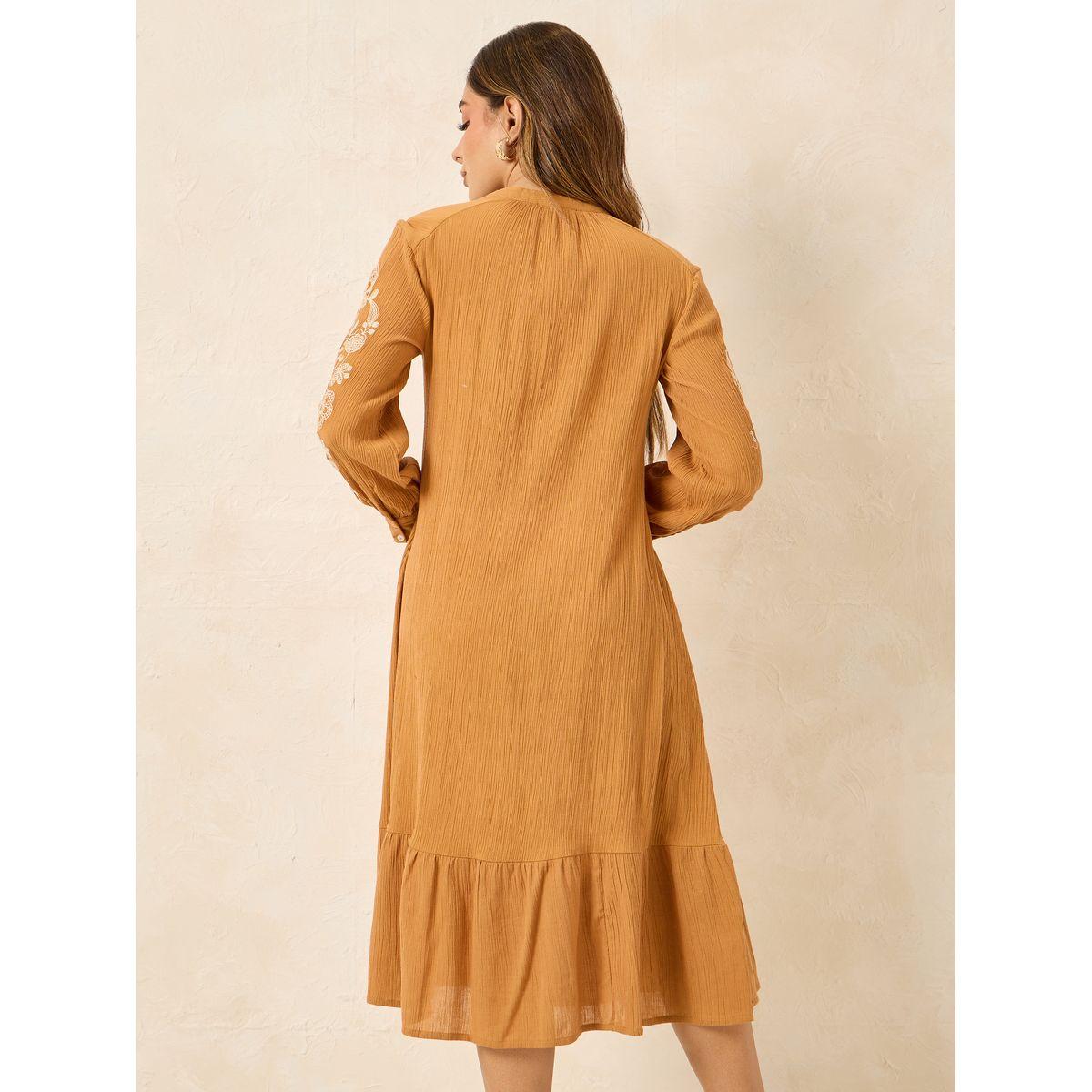 Styli Embroidered Sleeves Mandarin Collar Shift Midi Dress-women-clothing-dresses-image-4