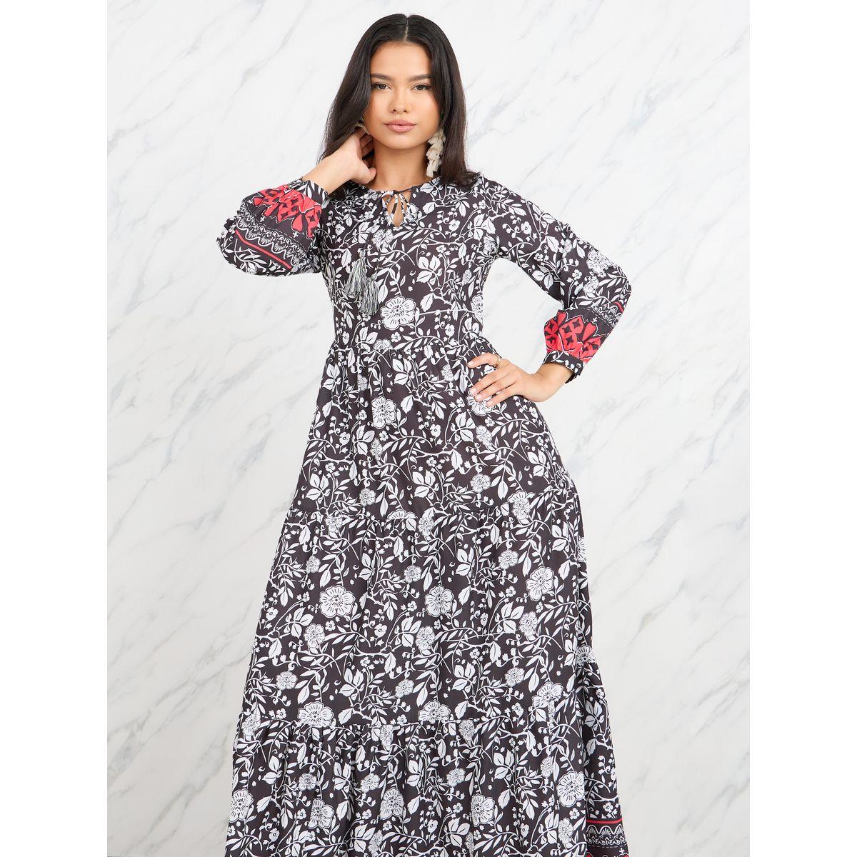 Styli Floral All Over Print Tie Up Neck Tiered Maxi Dress-women-clothing-dresses-image-2