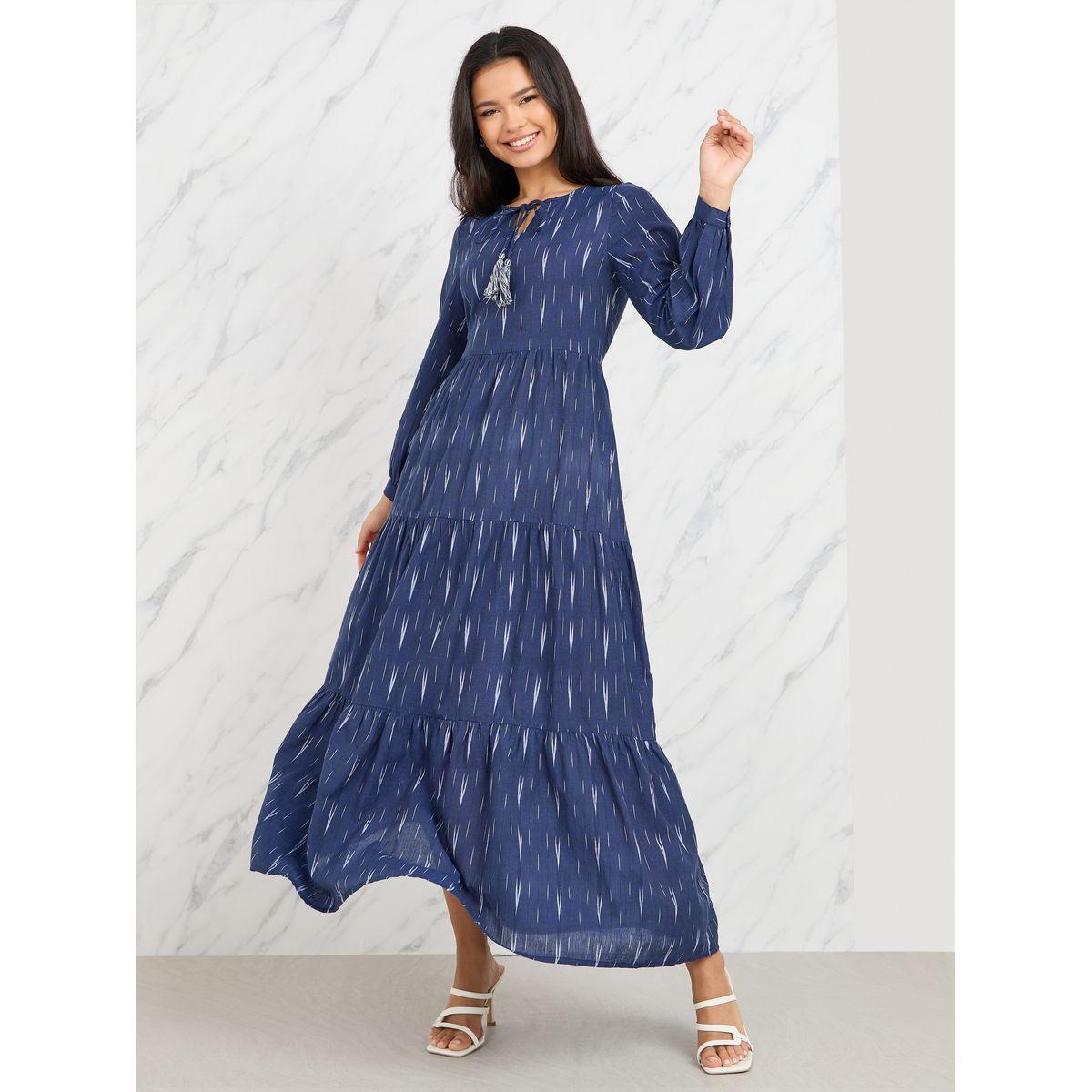 فستان طويل بكسرات وياقة بأربطة-women-clothing-dresses-image-1