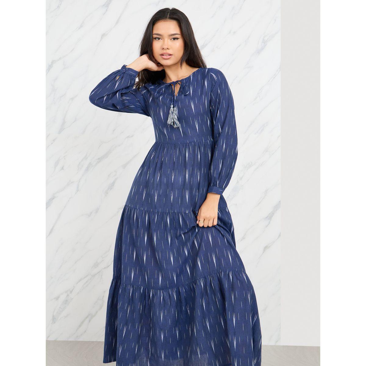 Styli Ikat Print Tie Up Neck Tiered Maxi Dress-women-clothing-dresses-image-2