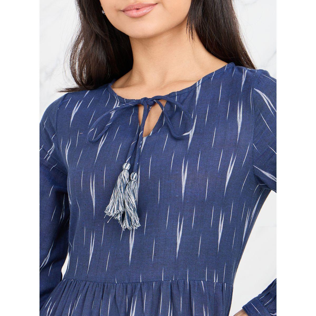 Styli Ikat Print Tie Up Neck Tiered Maxi Dress-women-clothing-dresses-image-3