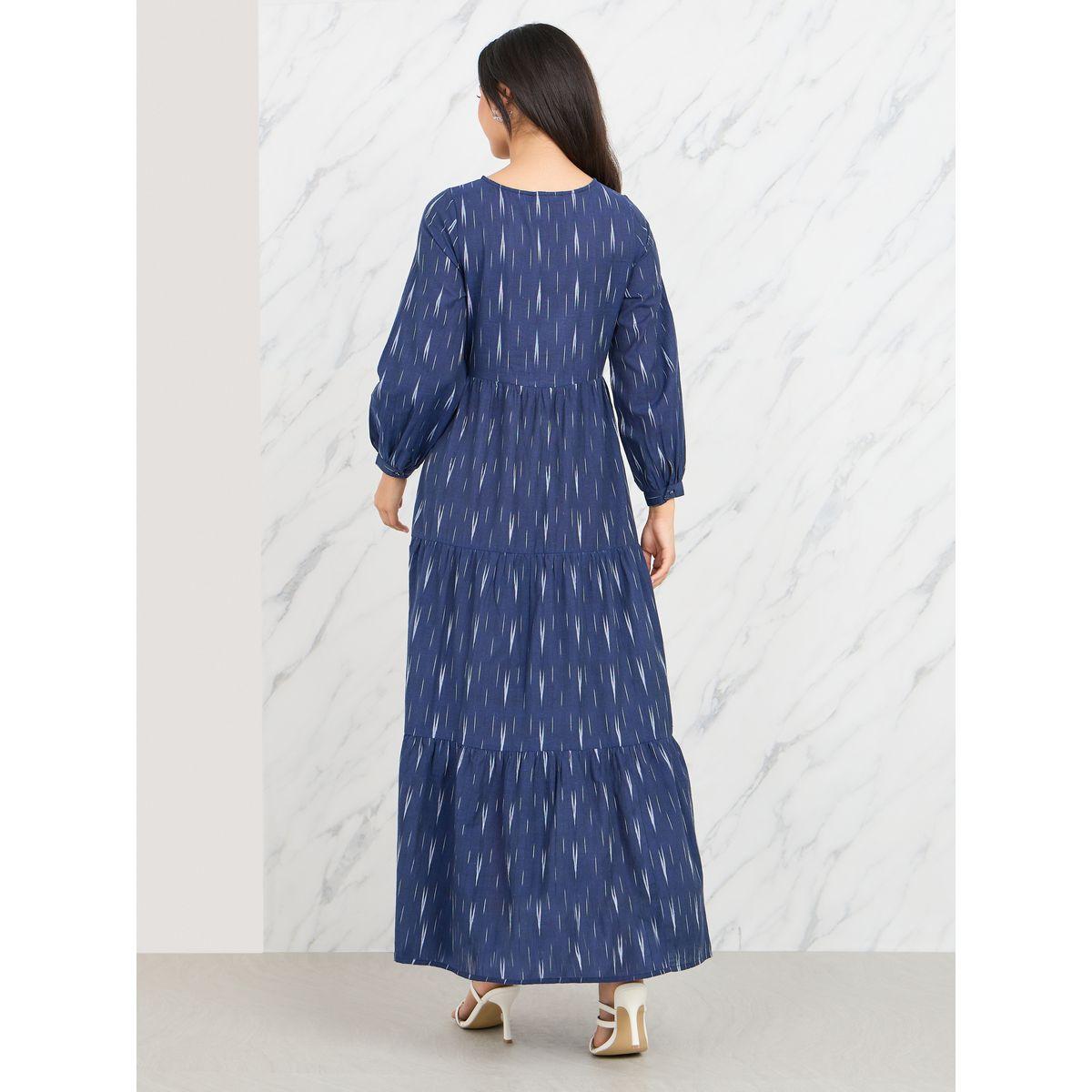 Styli Ikat Print Tie Up Neck Tiered Maxi Dress-women-clothing-dresses-image-4