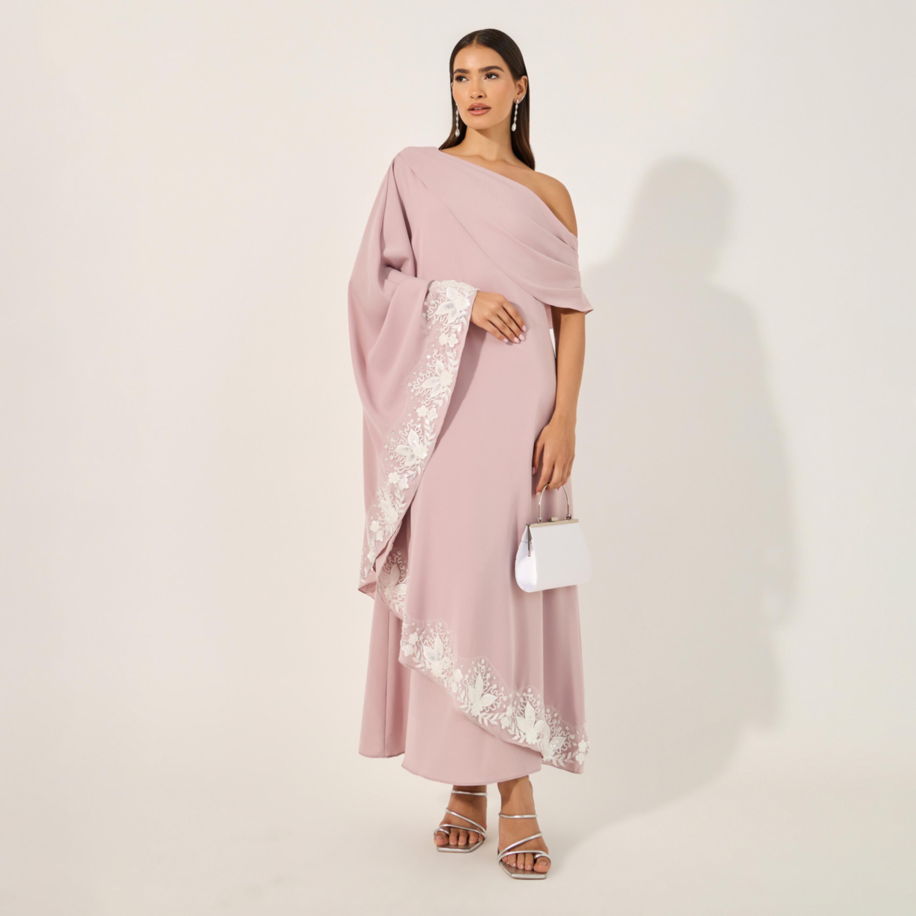 Styli Maxi Plain One-Shoulder Sleeves Shift Dress-women-clothing-dresses-image-1