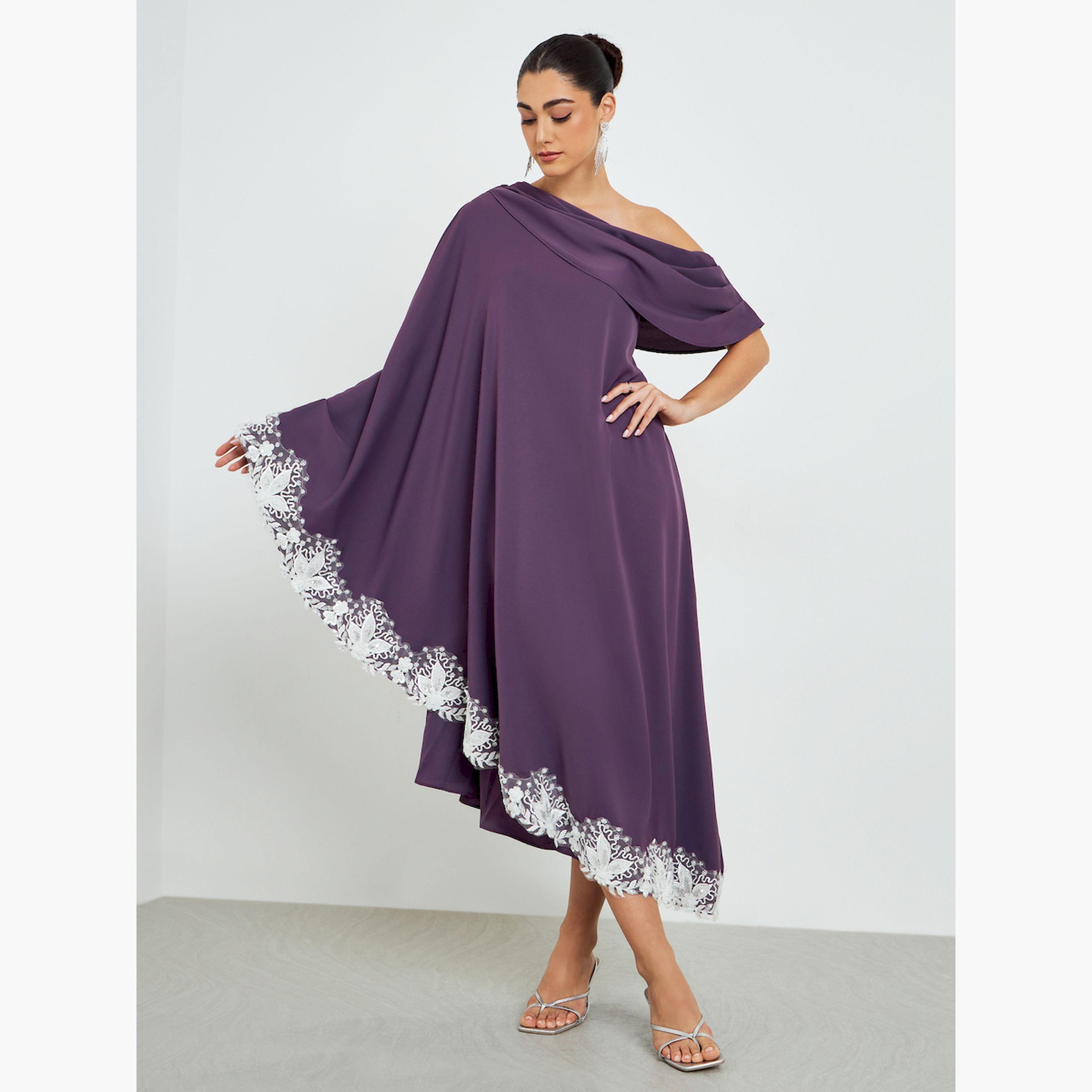 فستان ميدي أرجواني بكتف واحد وتفاصيل دانتيل-women-clothing-dresses-image-1