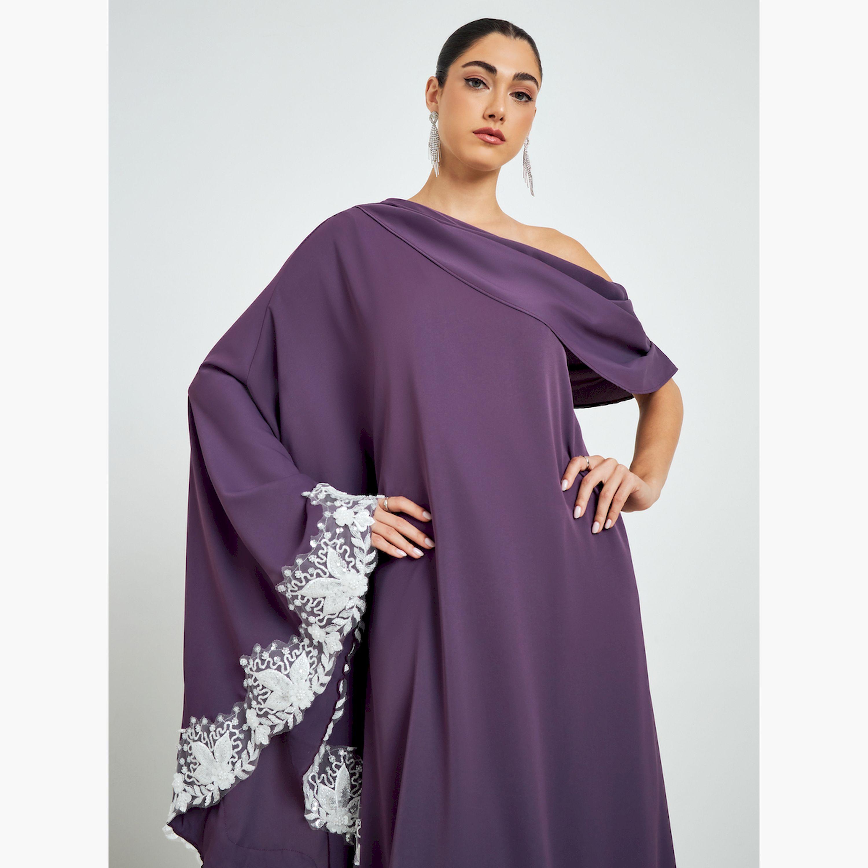 فستان ميدي أرجواني بكتف واحد وتفاصيل دانتيل-women-clothing-dresses-image-2