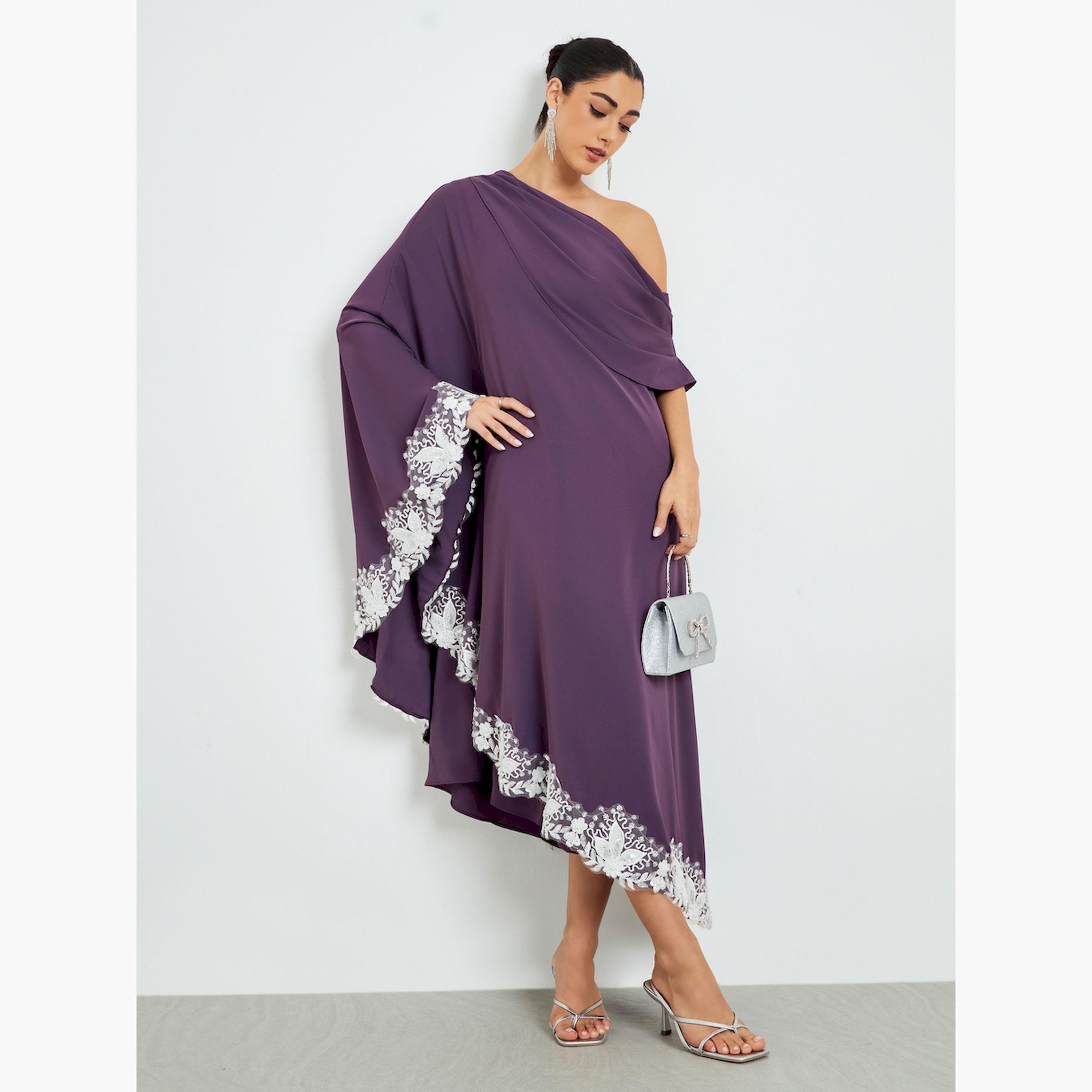 فستان ميدي أرجواني بكتف واحد وتفاصيل دانتيل-women-clothing-dresses-image-3