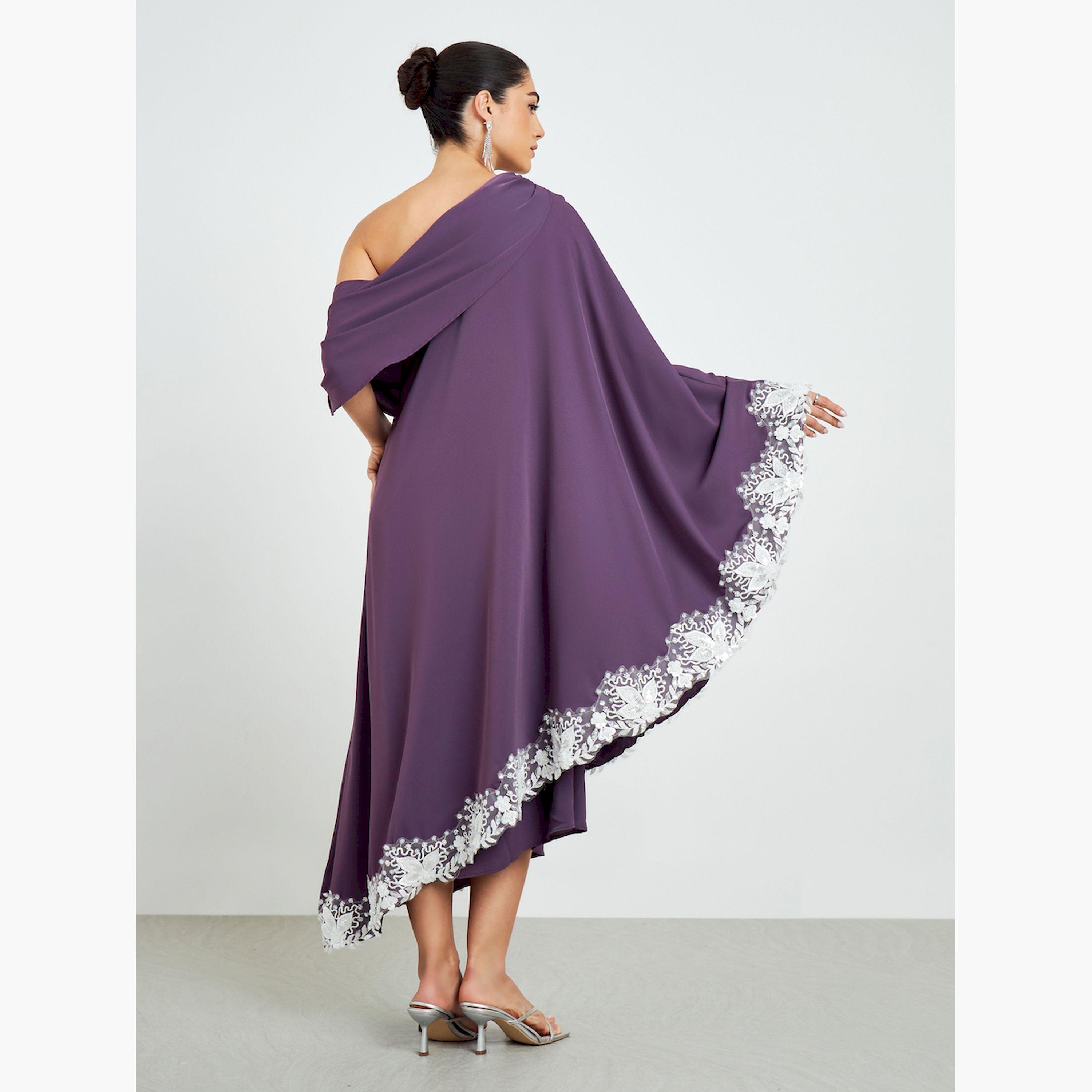 فستان ميدي أرجواني بكتف واحد وتفاصيل دانتيل-women-clothing-dresses-image-4
