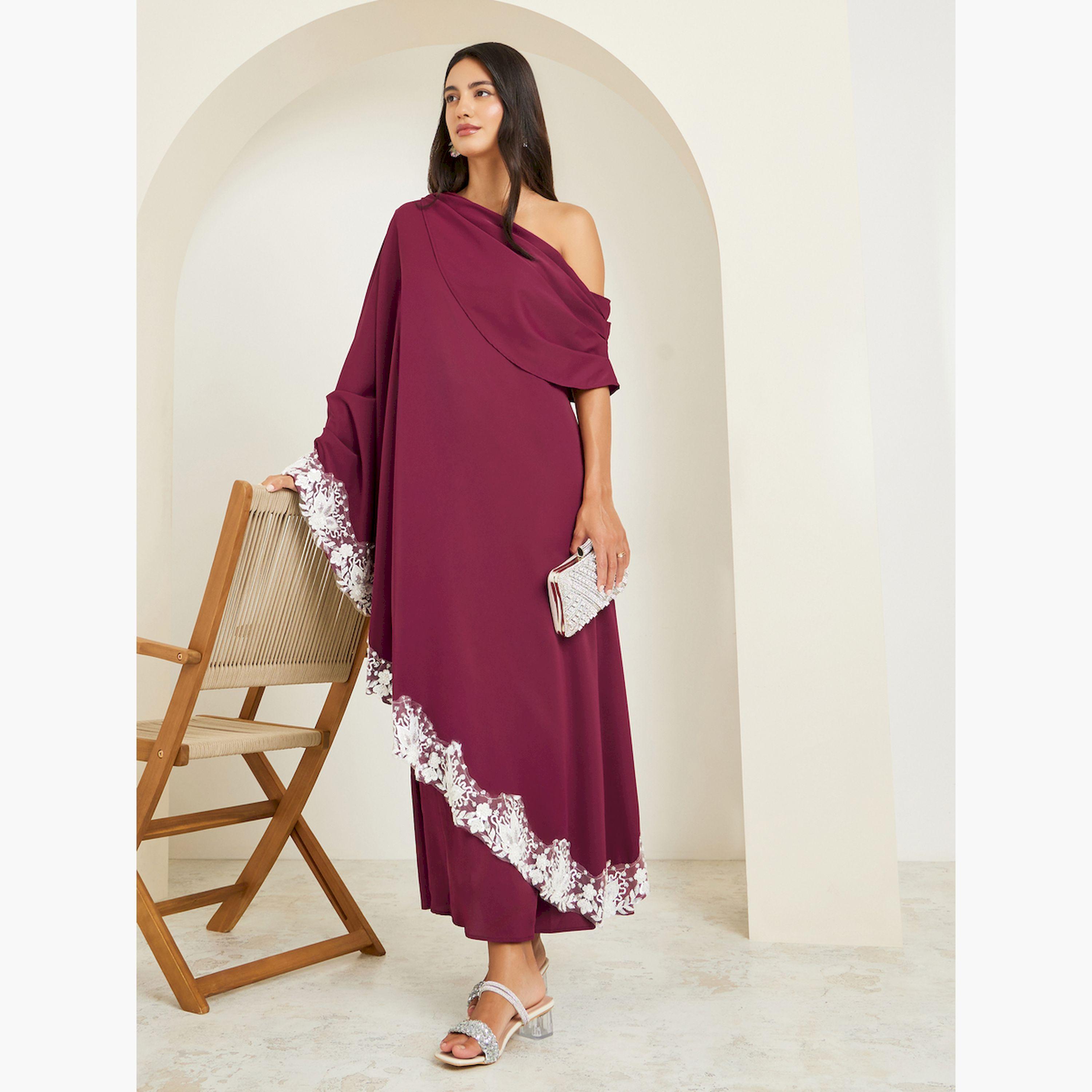 Styli Red Lace Trim One-Shoulder Shift Maxi Dress-women-clothing-dresses-image-1