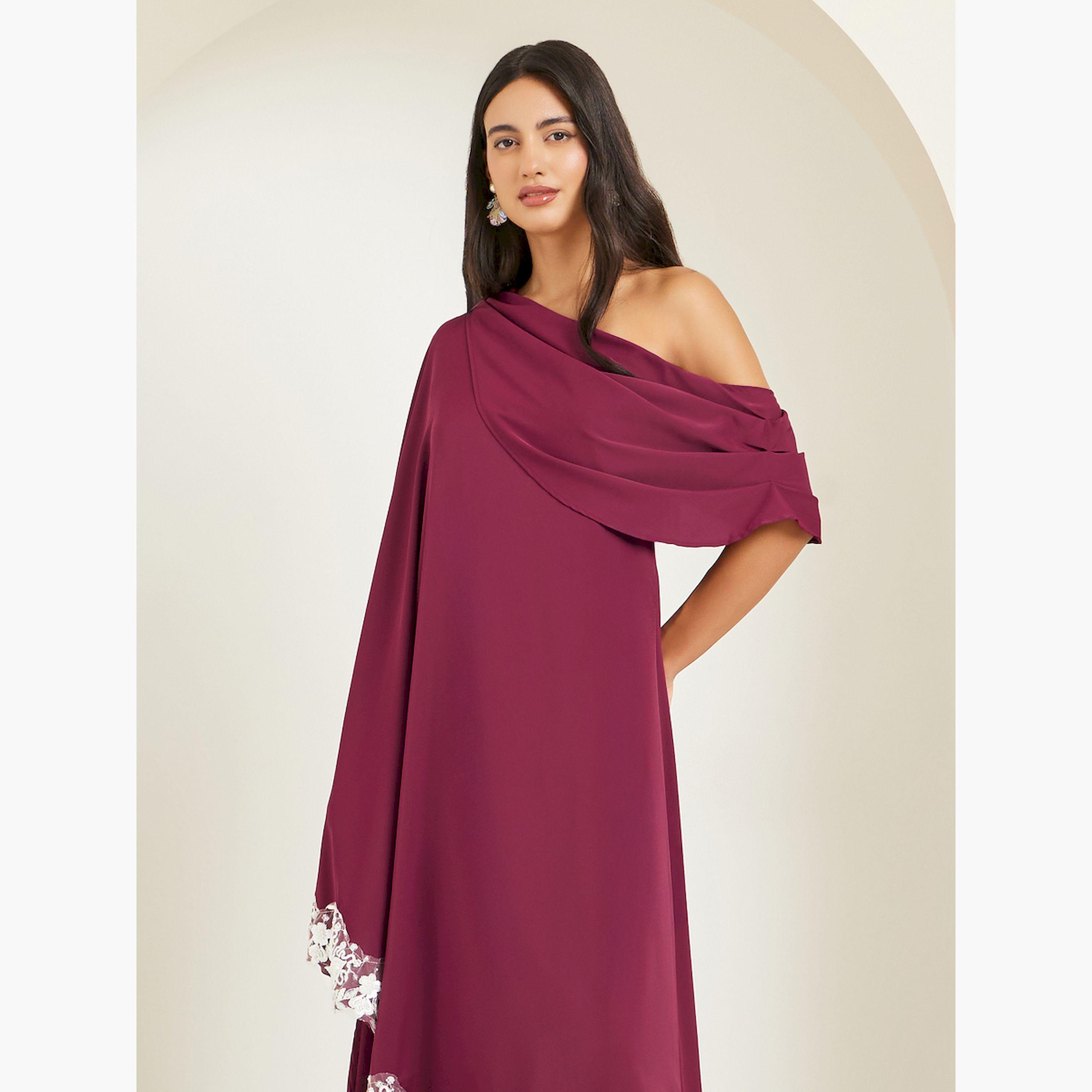 Styli Red Lace Trim One-Shoulder Shift Maxi Dress-women-clothing-dresses-image-2