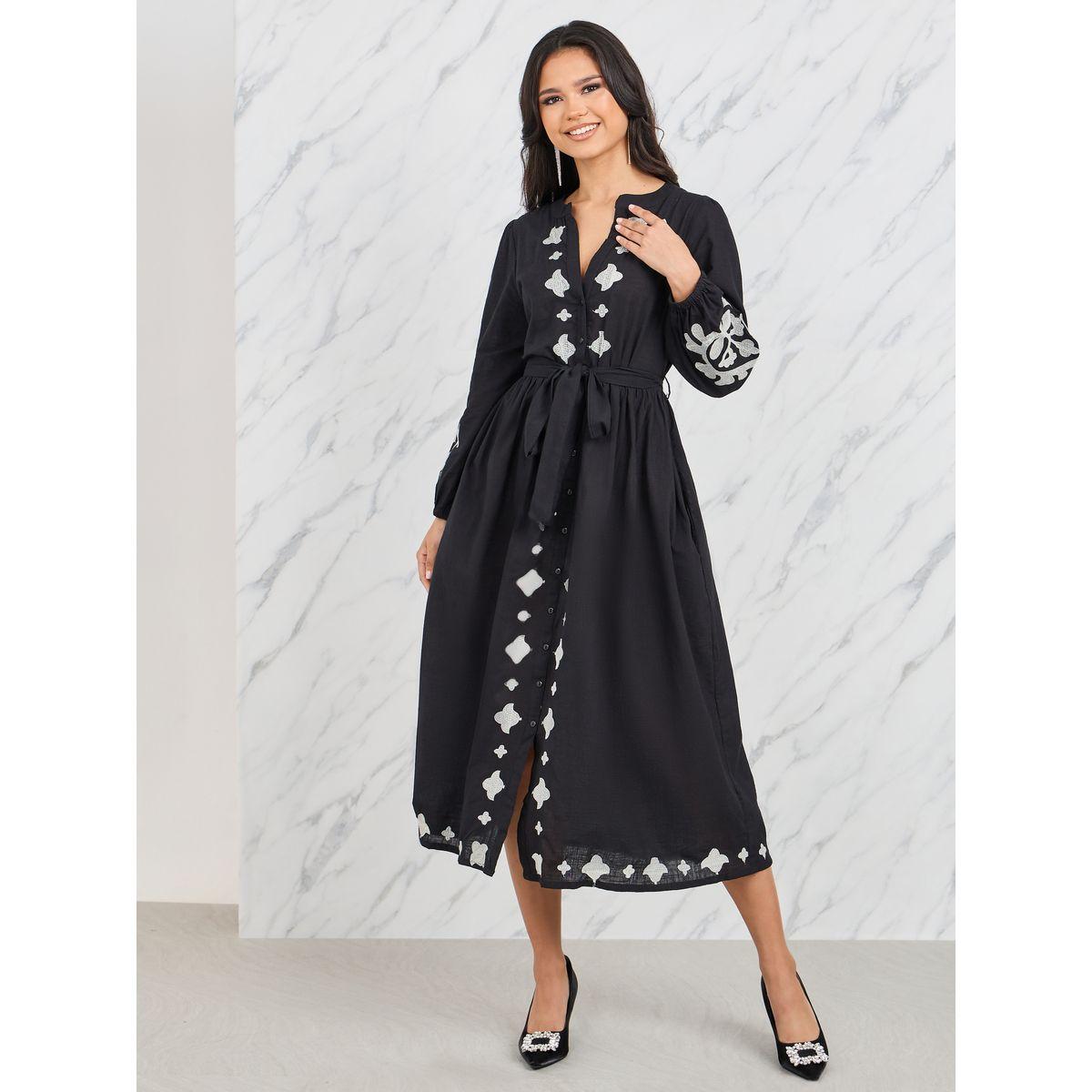 Styli Embroidered Notch Neck Shirt Dress with Self Tie Up-women-clothing-dresses-image-1