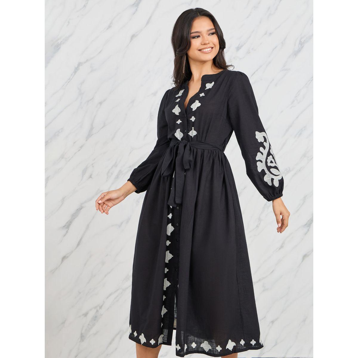 Styli Embroidered Notch Neck Shirt Dress with Self Tie Up-women-clothing-dresses-image-2