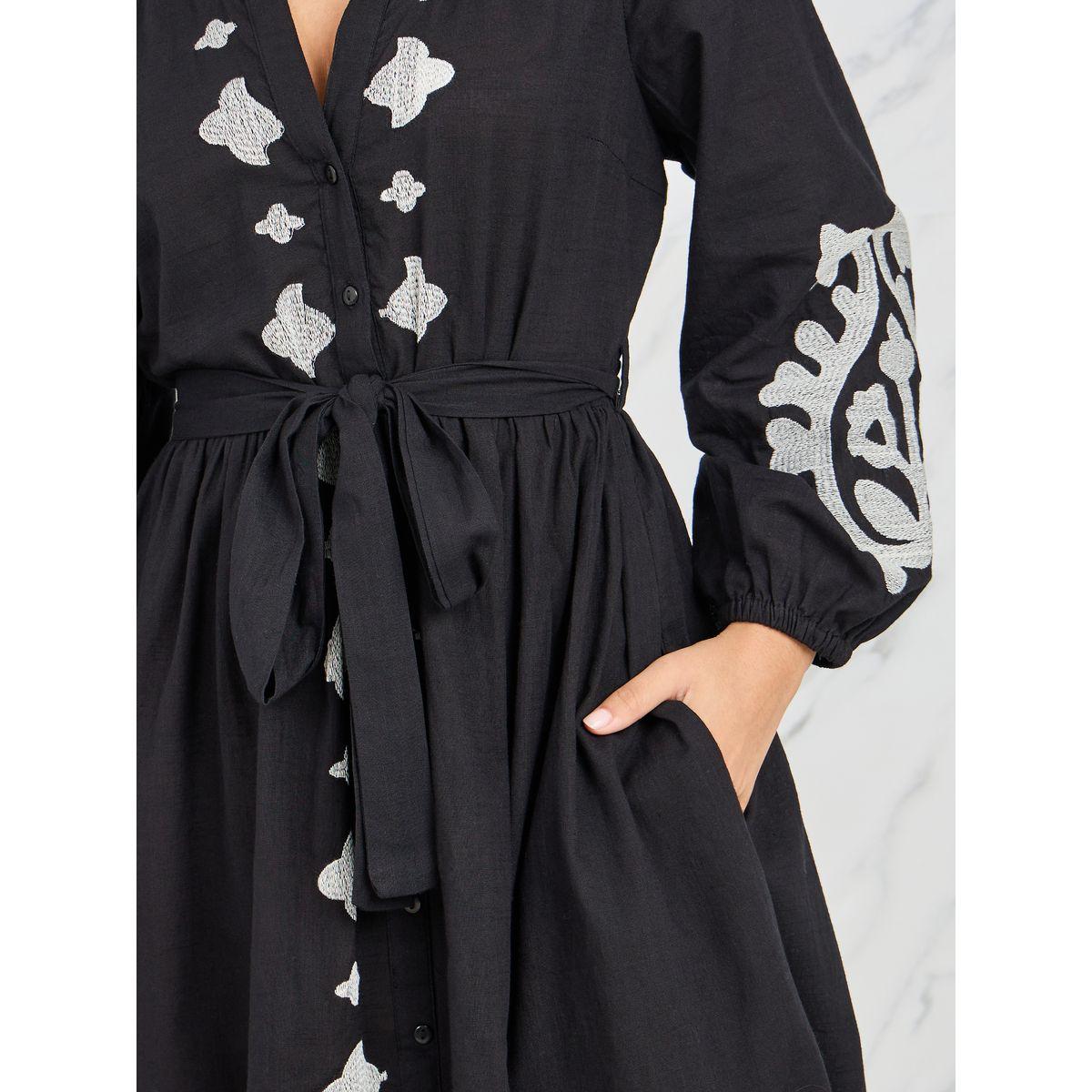 Styli Embroidered Notch Neck Shirt Dress with Self Tie Up-women-clothing-dresses-image-3