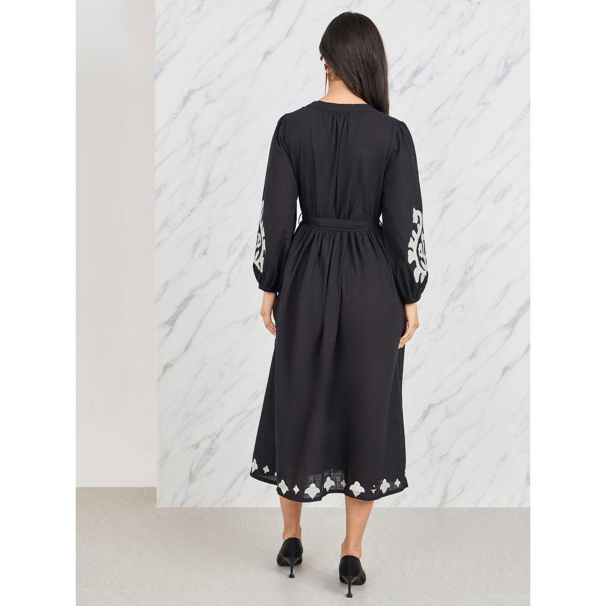 Styli Embroidered Notch Neck Shirt Dress with Self Tie Up-women-clothing-dresses-image-4