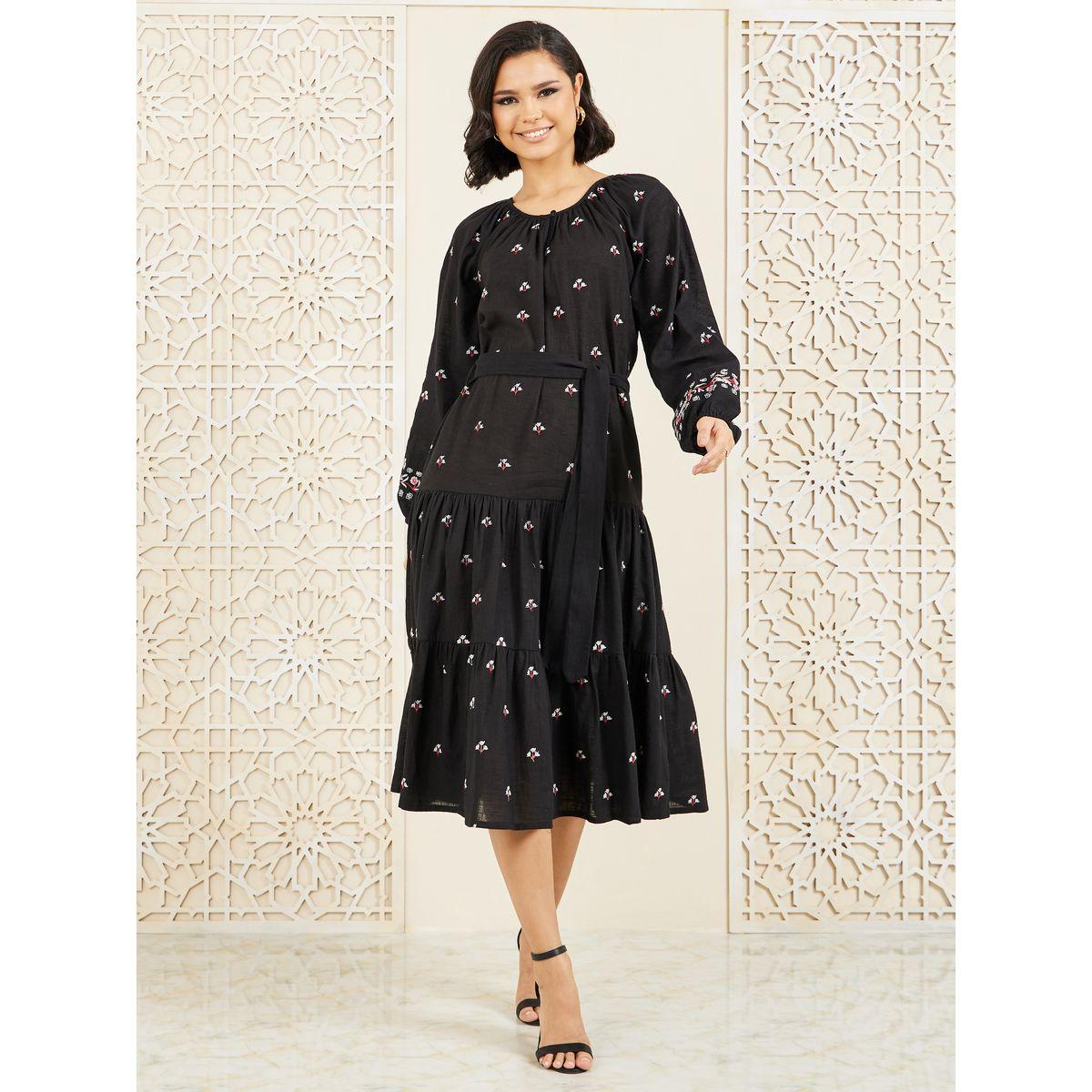 Styli Embroidered Self Tie Up Tiered Midi Dress-women-clothing-dresses-image-1