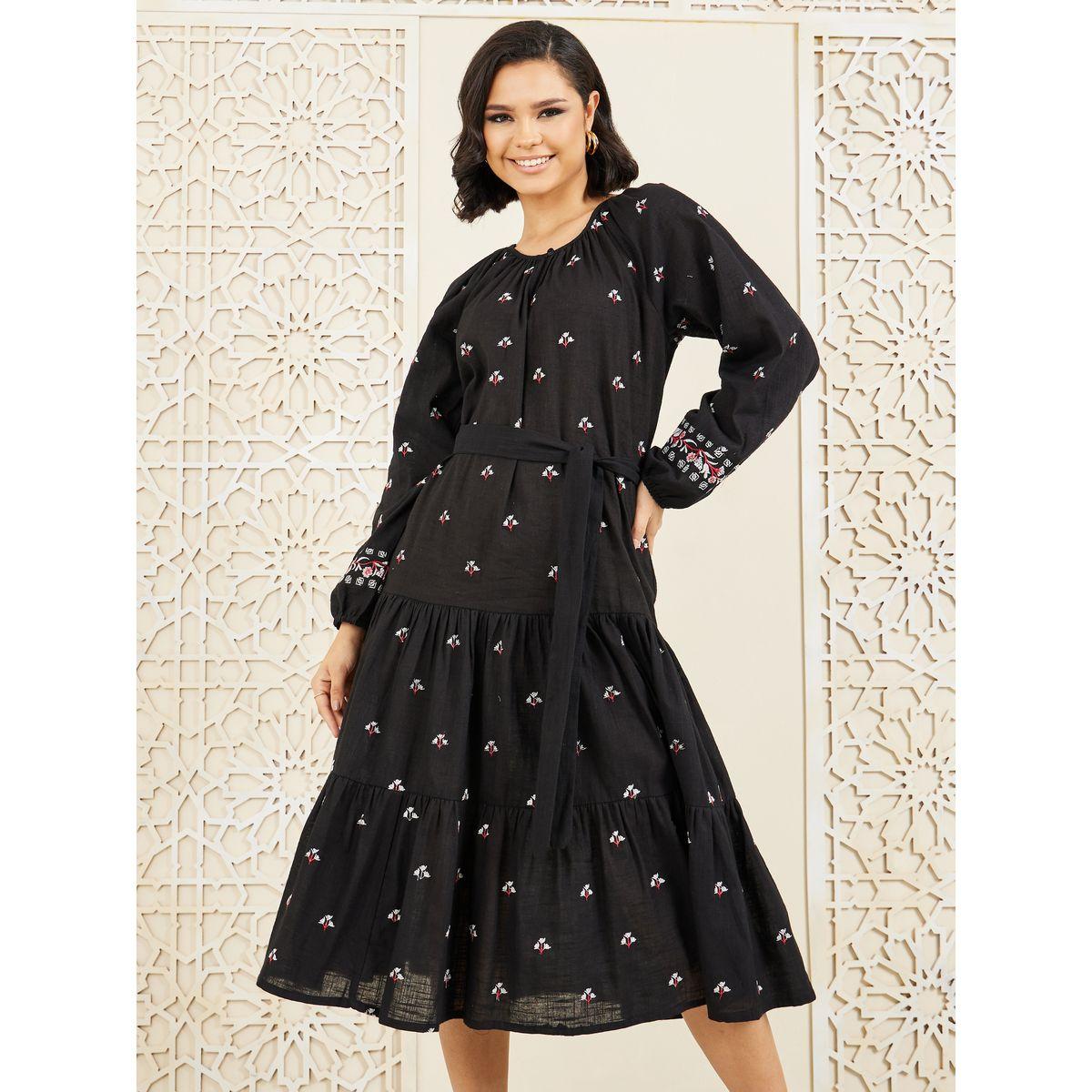 Styli Embroidered Self Tie Up Tiered Midi Dress-women-clothing-dresses-image-2