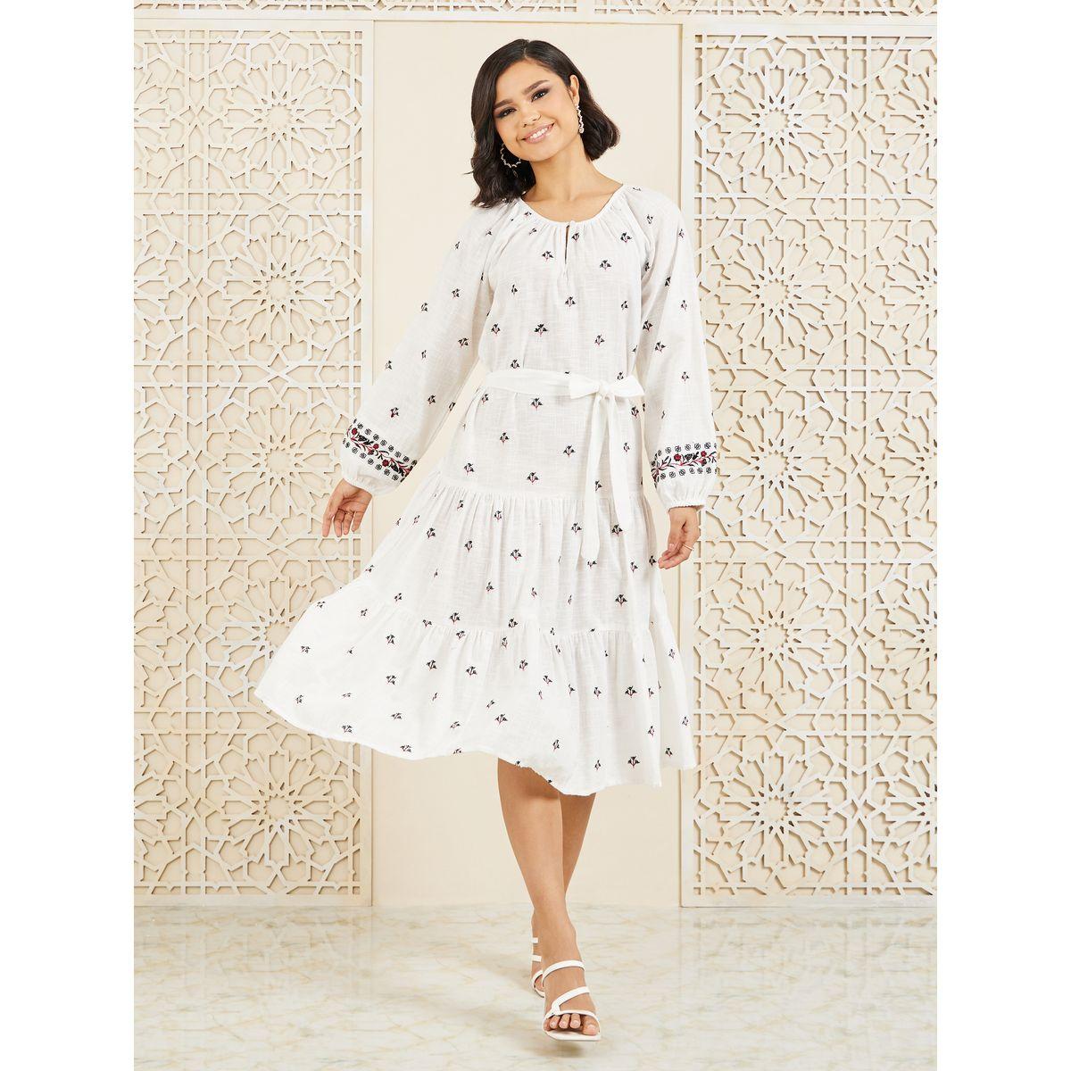 فستان ميدي بكسرات وحزام خصر-women-clothing-dresses-image-1