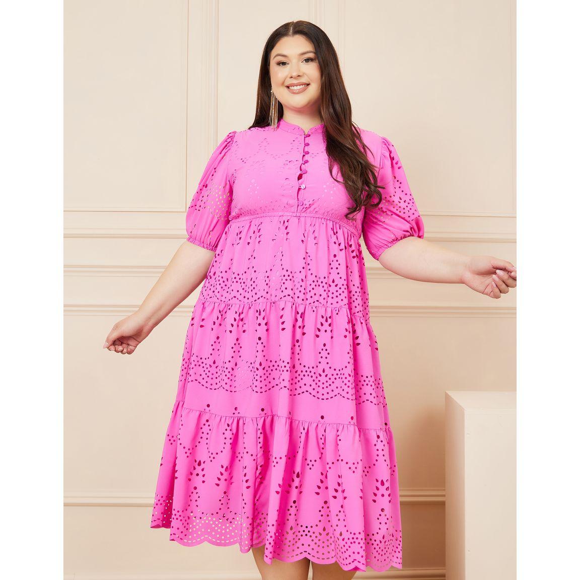 Styli Plus Laser Cut Out Detail Button Closure Tiered Midi Dress-women-clothing-dresses-image-2