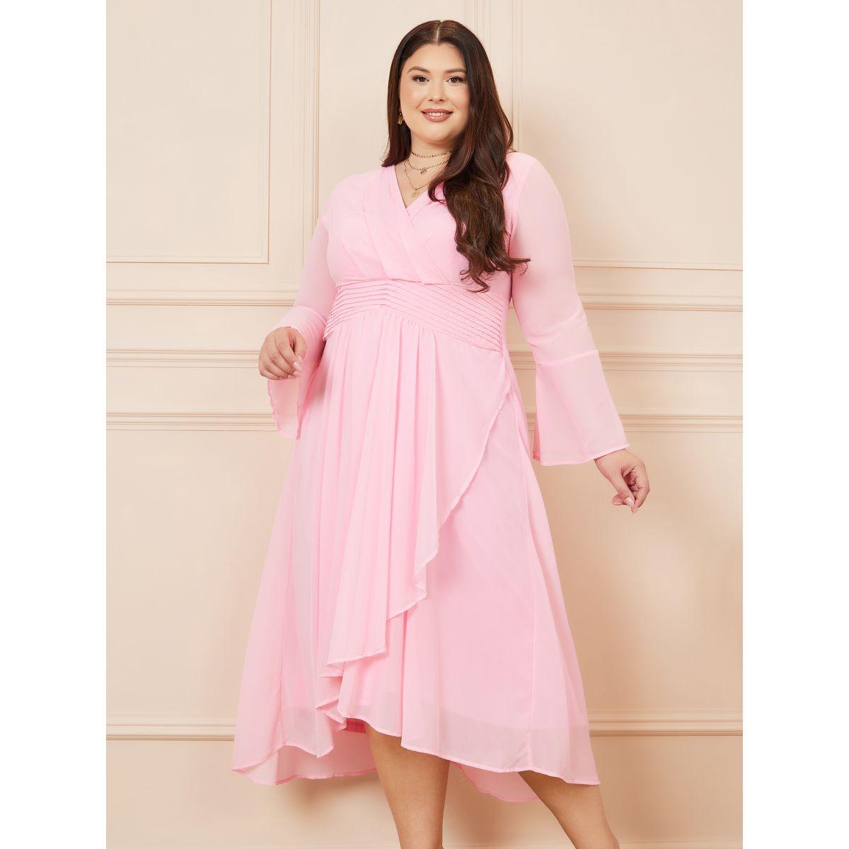 Styli Plus Pleated V Neck Midi Wrap Dress-women-clothing-dresses-image-2