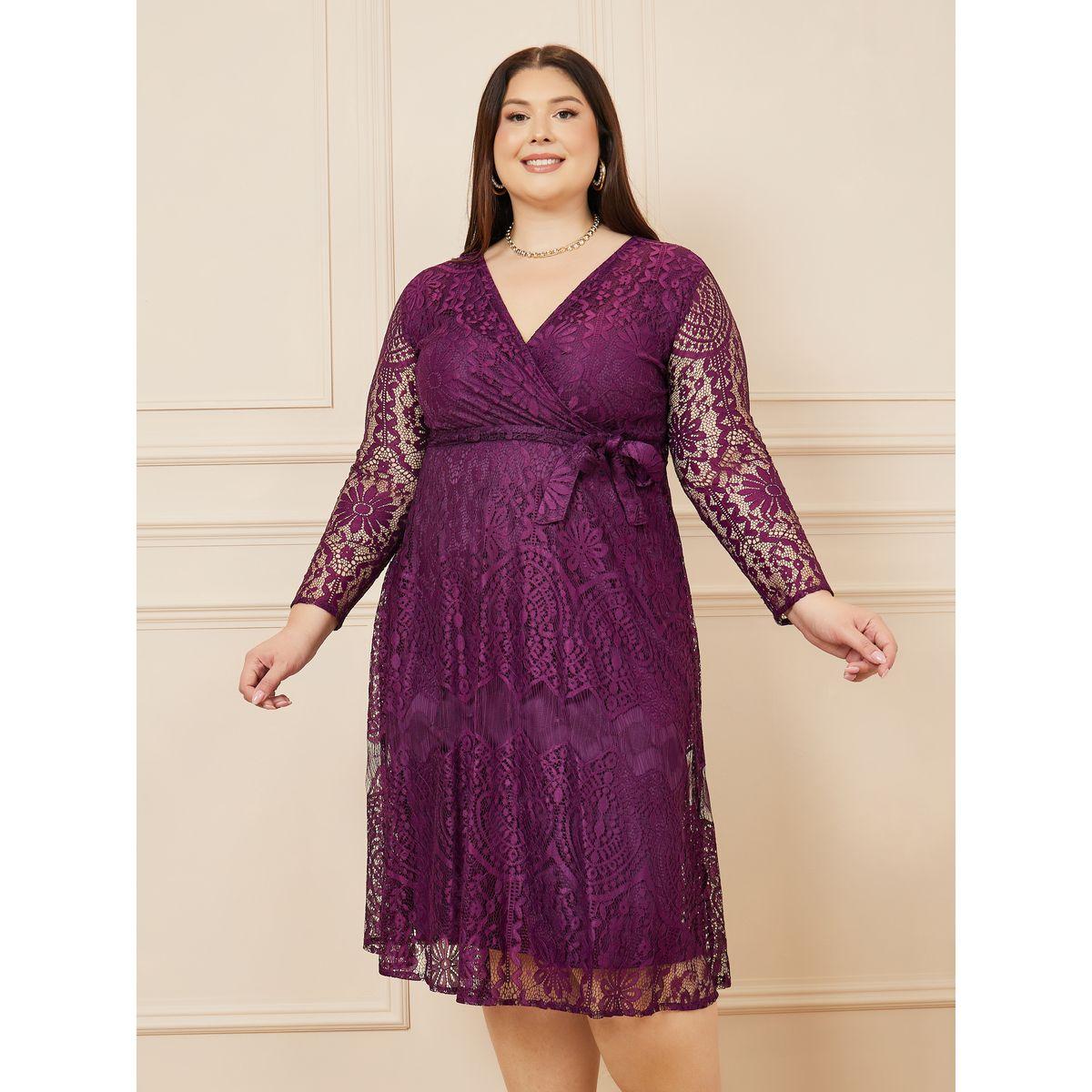 Styli Plus Floral Lace Detail Maxi Dress with Tie Up Belt-women-clothing-dresses-image-2