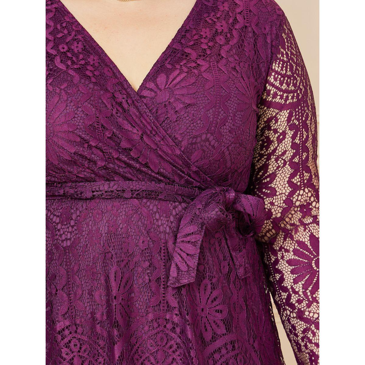Styli Plus Floral Lace Detail Maxi Dress with Tie Up Belt-women-clothing-dresses-image-3