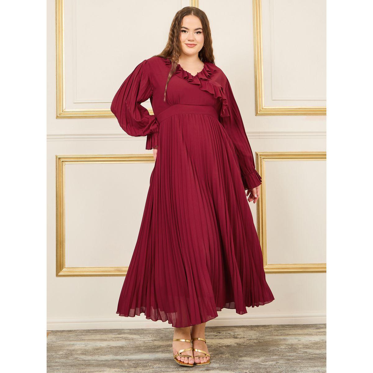 فستان طويل بمقاس كبير بكسرات وكشكش-women-clothing-dresses-image-1