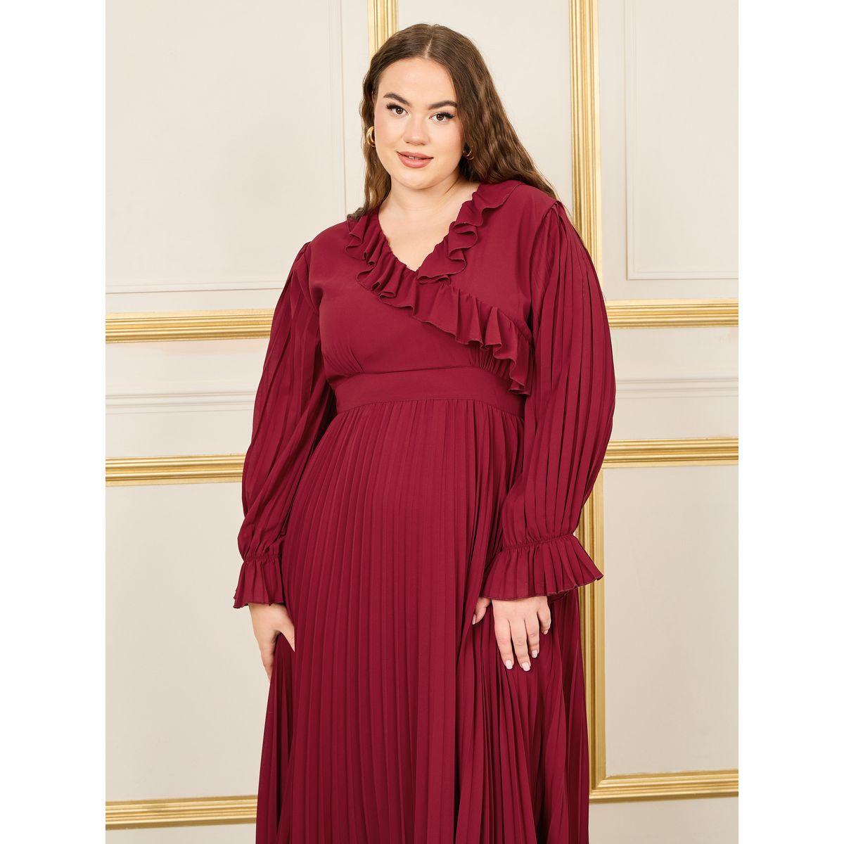 Styli Plus Ruffle Trim Pleated Detail A-Line Maxi Dress-women-clothing-dresses-image-2