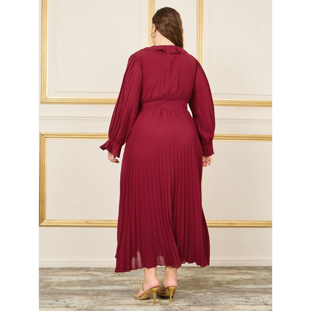 Styli Plus Ruffle Trim Pleated Detail A-Line Maxi Dress-women-clothing-dresses-image-4