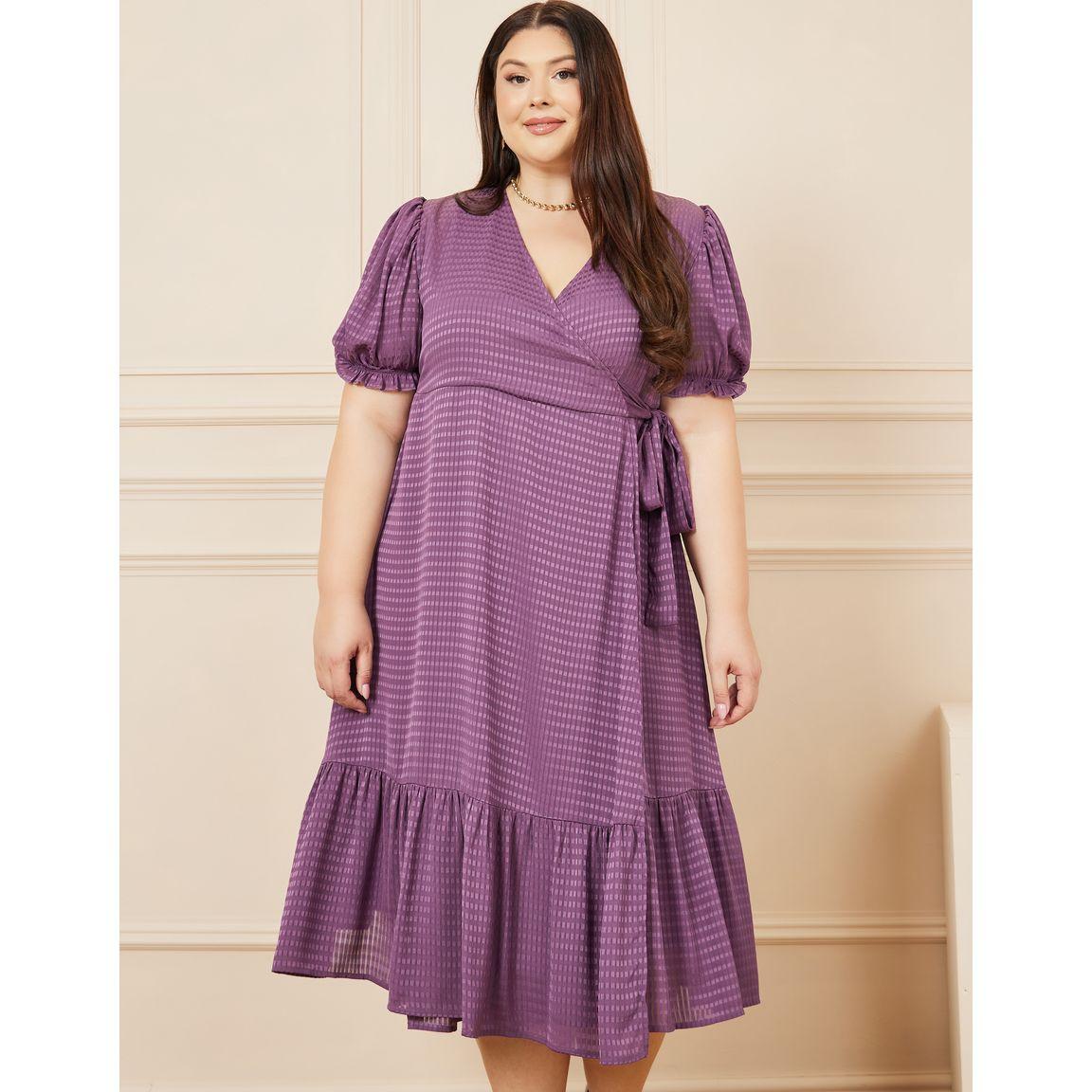 Styli Plus Check Textured Ruffle Hem Wrap Midi Dress-women-clothing-dresses-image-1