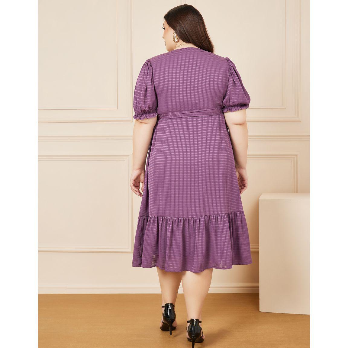 Styli Plus Check Textured Ruffle Hem Wrap Midi Dress-women-clothing-dresses-image-4