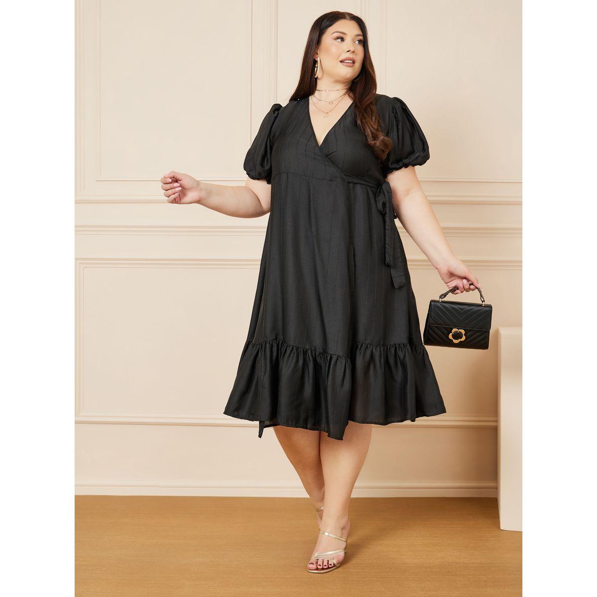 Styli Plus Tiered Midi Wrap Dress with Puff Sleeves-women-clothing-dresses-image-1