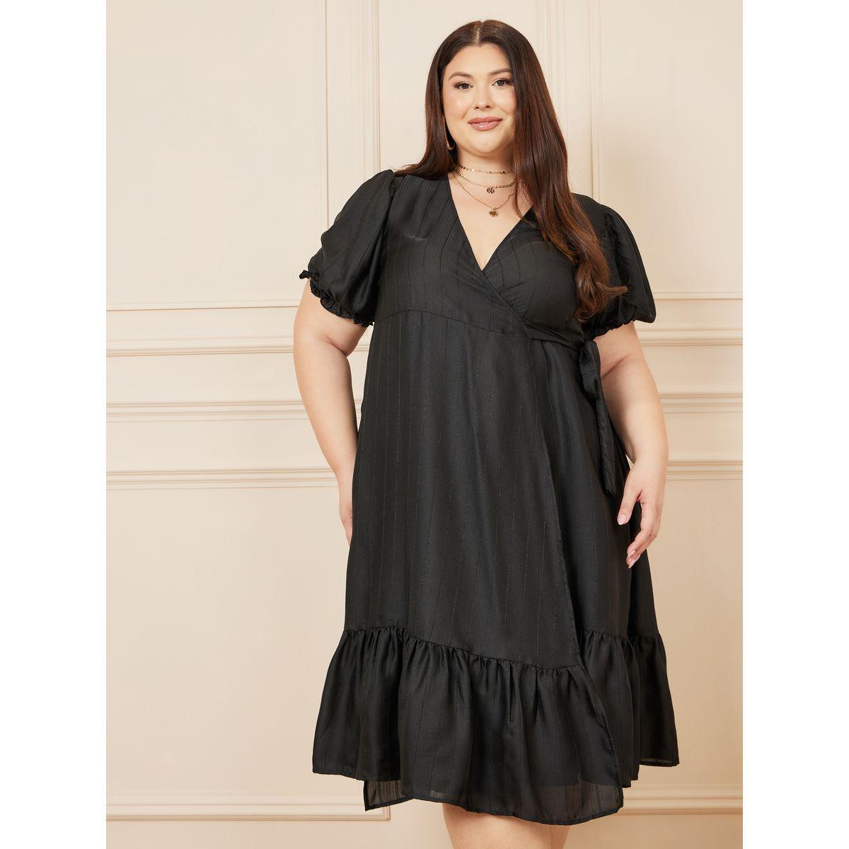 Styli Plus Tiered Midi Wrap Dress with Puff Sleeves-women-clothing-dresses-image-2