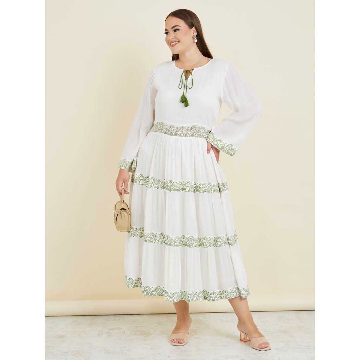 Styli Plus Tie-Up Neck Printed Tiered Midi Dress-women-clothing-dresses-image-1