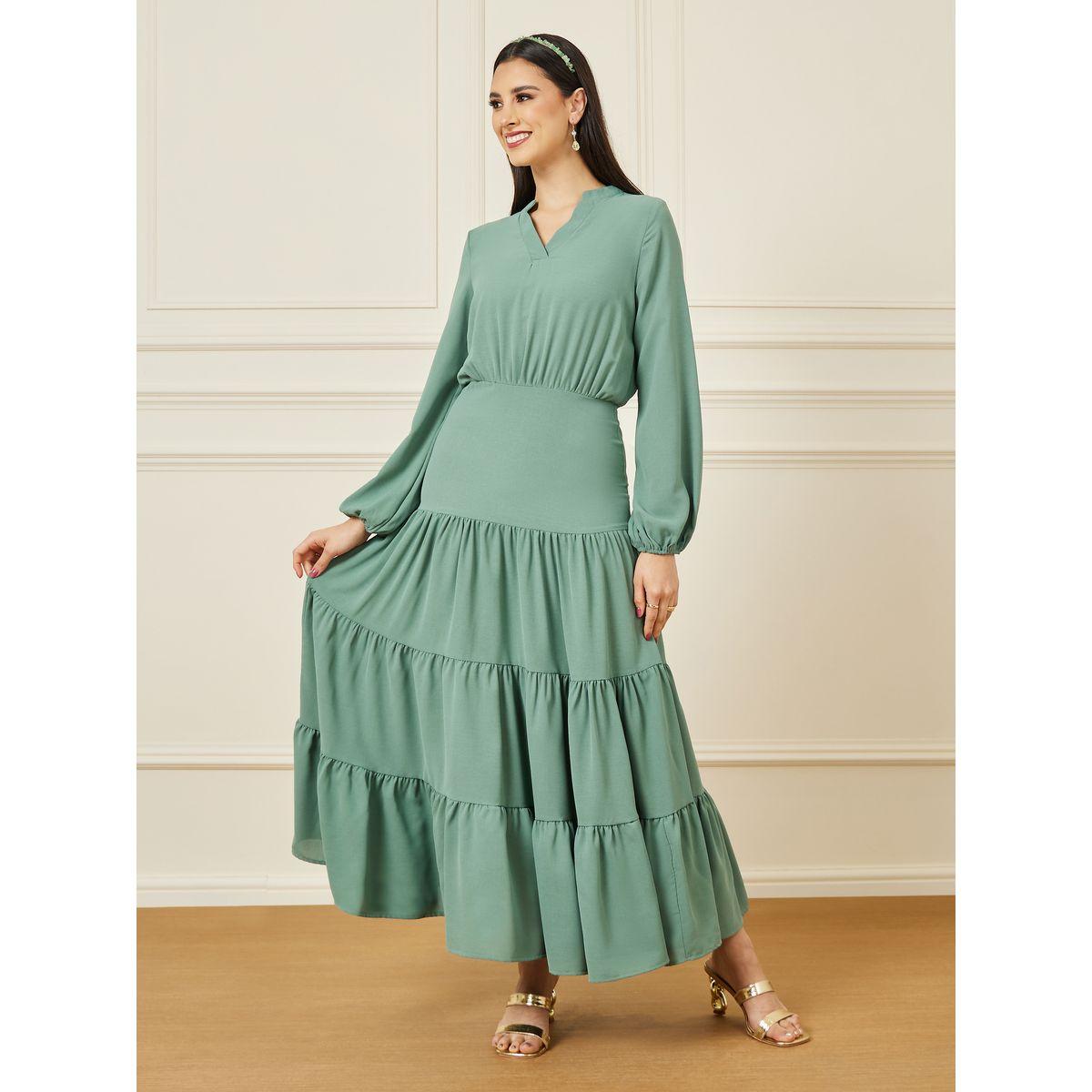 Styli Solid Cuffed Sleeve Tiered Maxi Dress-women-clothing-dresses-image-1