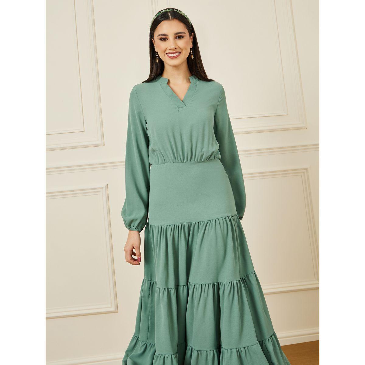 فستان طويل بكسرات واكمام منفوخة-women-clothing-dresses-image-2