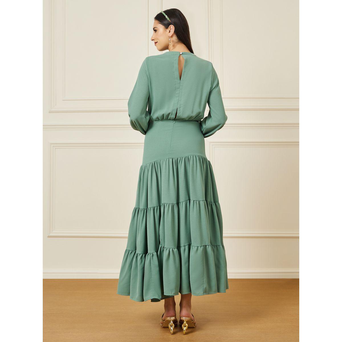 Styli Solid Cuffed Sleeve Tiered Maxi Dress-women-clothing-dresses-image-4