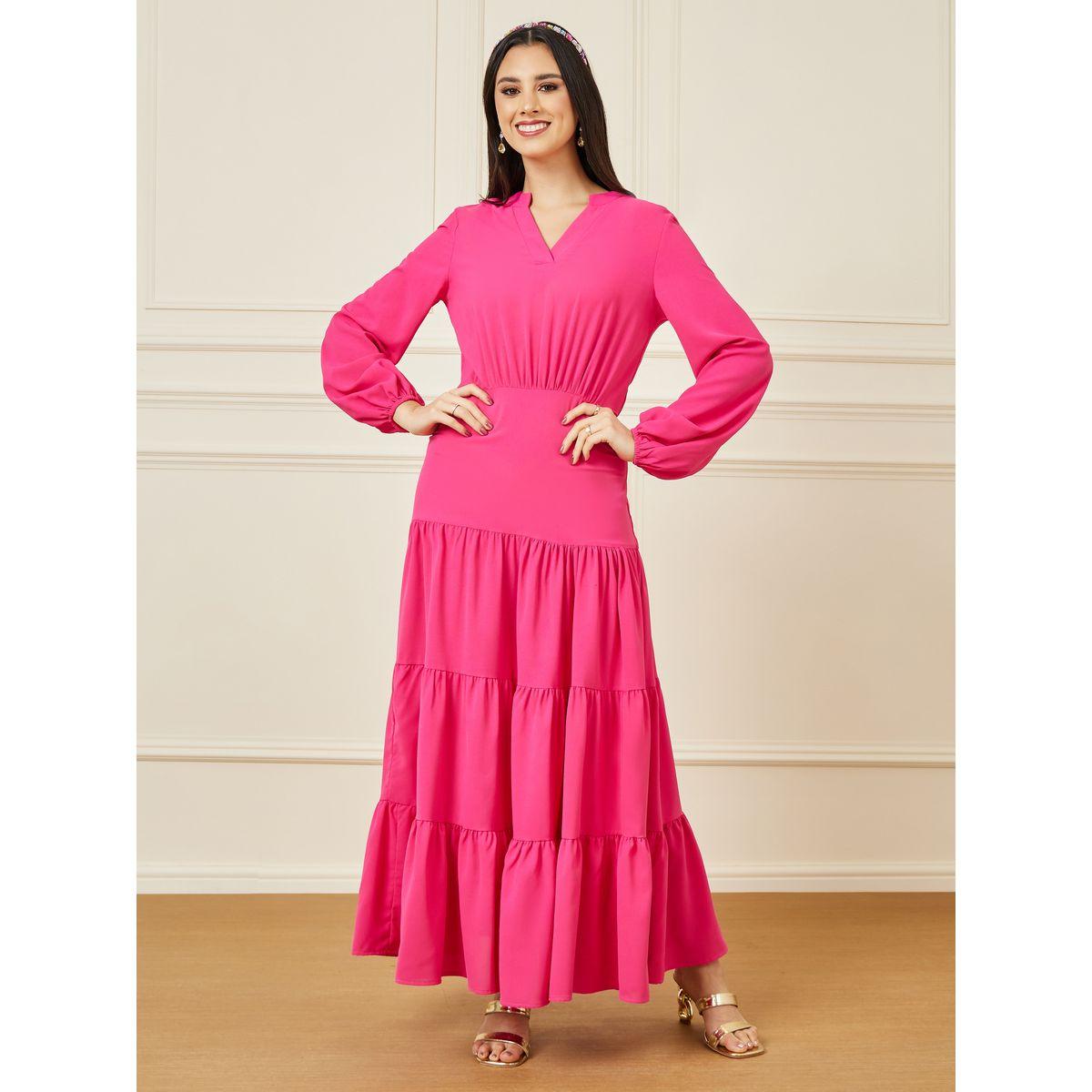 Styli Solid Cuffed Sleeve Tiered Maxi Dress-women-clothing-dresses-image-1