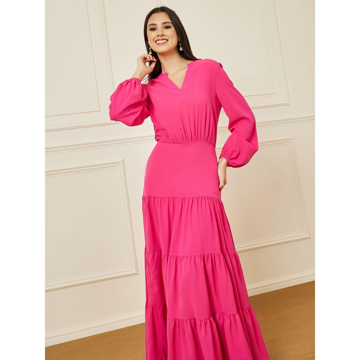 Styli Solid Cuffed Sleeve Tiered Maxi Dress-women-clothing-dresses-image-2