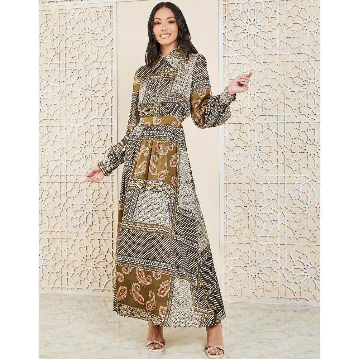 Styli Scarf AOP Collared A-Line Maxi Dress-women-clothing-dresses-image-1