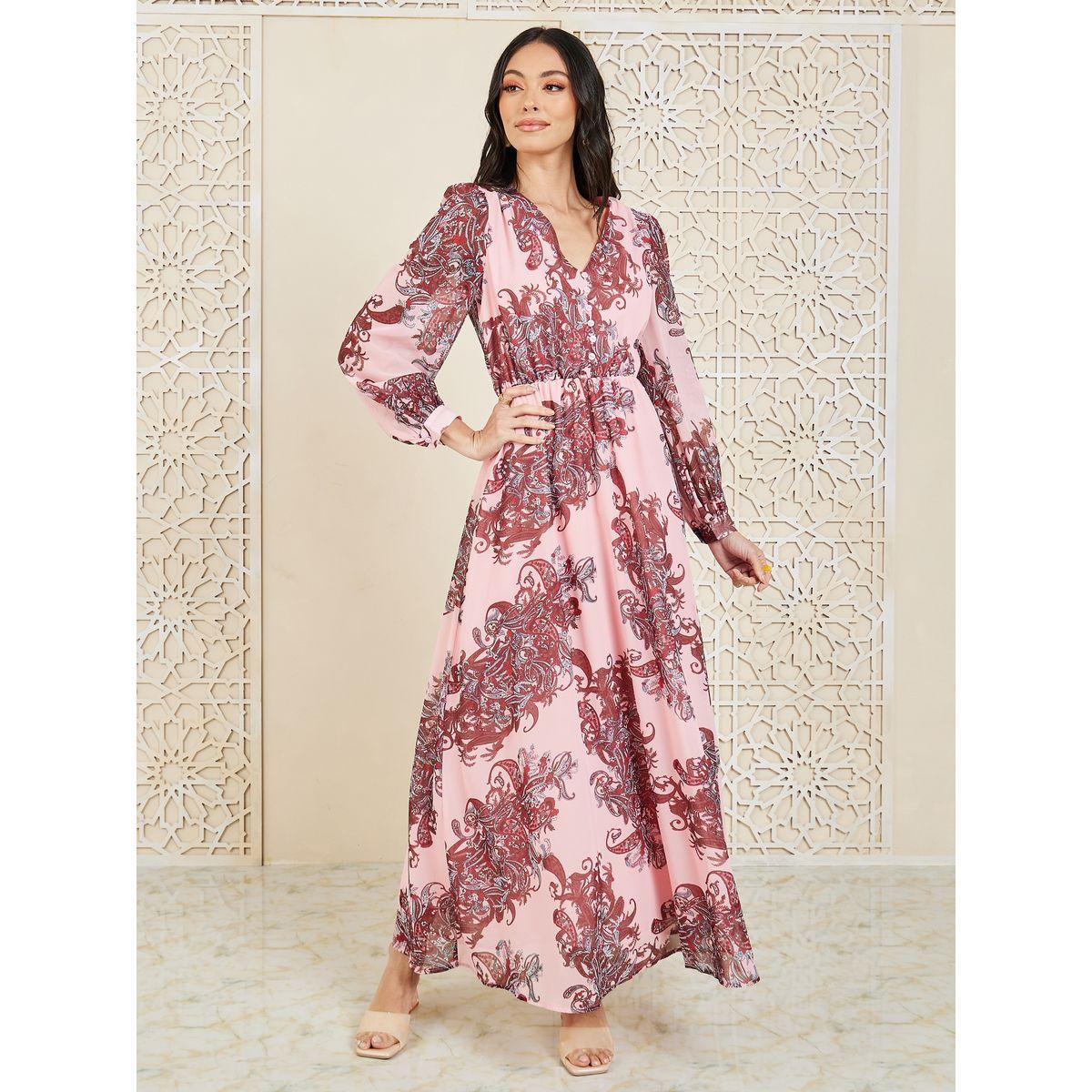 Styli Paisley Print V Neck A-Line Maxi Dress-women-clothing-dresses-image-1