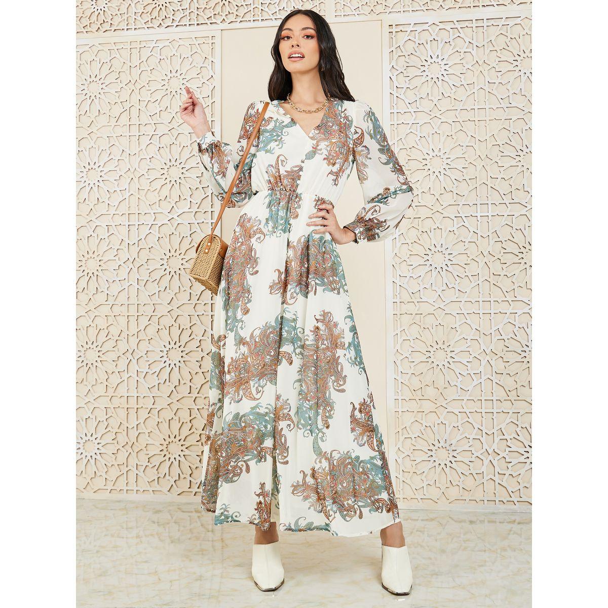 فستان طويل بطبعة بيزلي مع كسرات-women-clothing-dresses-image-1