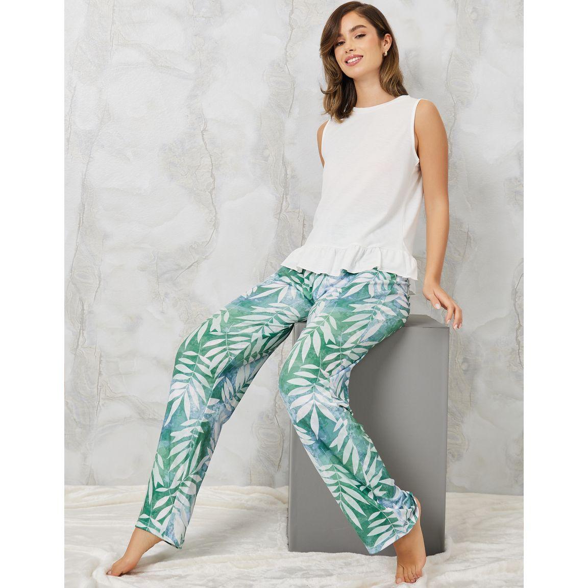 Styli Unwind Ruffle Hem Vest & Leafy Palm Print Pyjama Set-women-clothing-nightwear-pyjamas-longsets-image-1