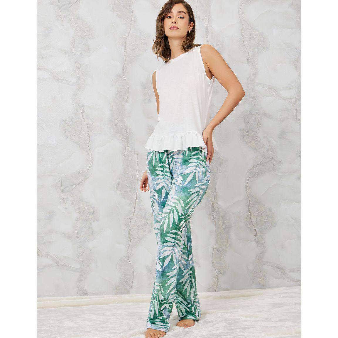 Styli Unwind Ruffle Hem Vest & Leafy Palm Print Pyjama Set-women-clothing-nightwear-pyjamas-longsets-image-2